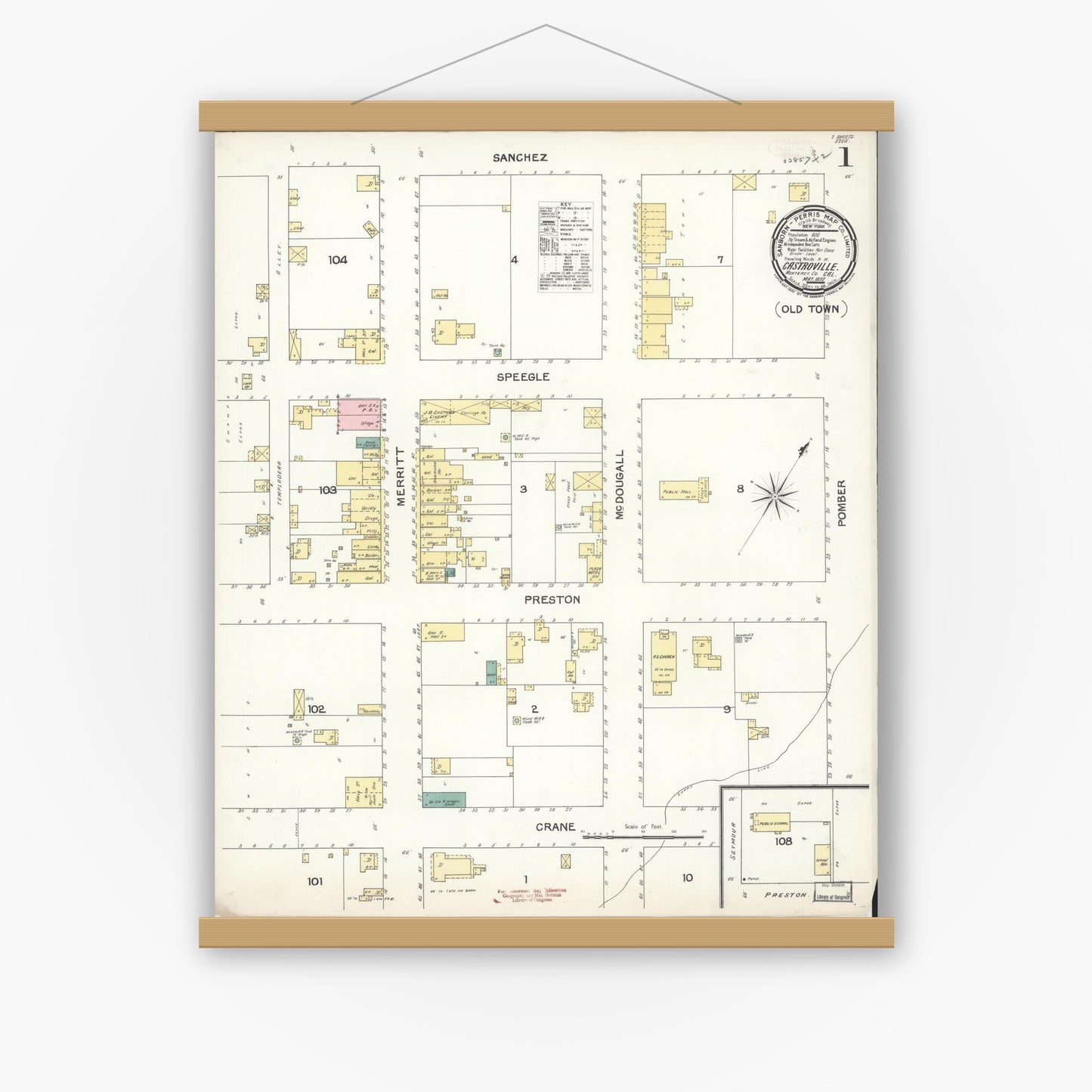 Old map wall art mockup — magnetic wood frame on white wall — Sanborn Fire Insurance Map from Castroville, Monterey County, California (1892), Sheet #0001