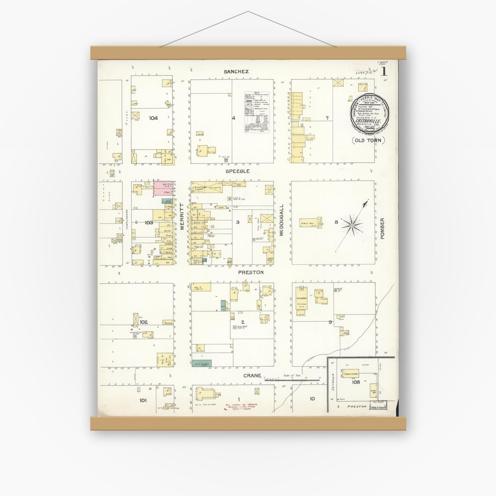 Old map wall art mockup — magnetic wood frame on white wall — Sanborn Fire Insurance Map from Castroville, Monterey County, California (1892), Sheet #0001