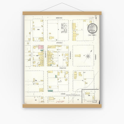 Old map wall art mockup — magnetic wood frame on white wall — Sanborn Fire Insurance Map from Castroville, Monterey County, California (1892), Sheet #0001