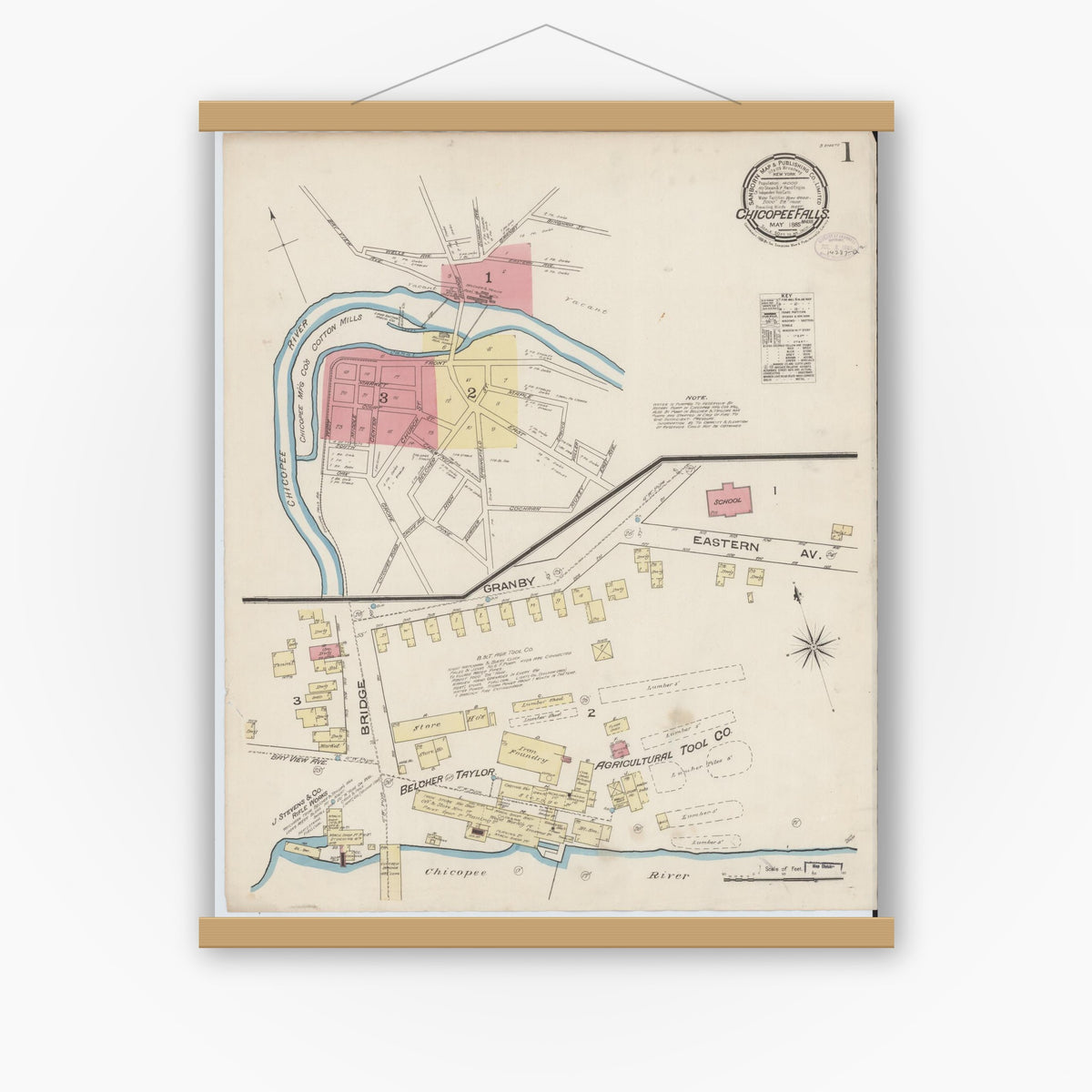 Old map wall art mockup — magnetic wood frame on white wall — Sanborn Fire Insurance Map from Chicopee Falls, Hampden County, Massachusetts (1885) - Complete Map Set