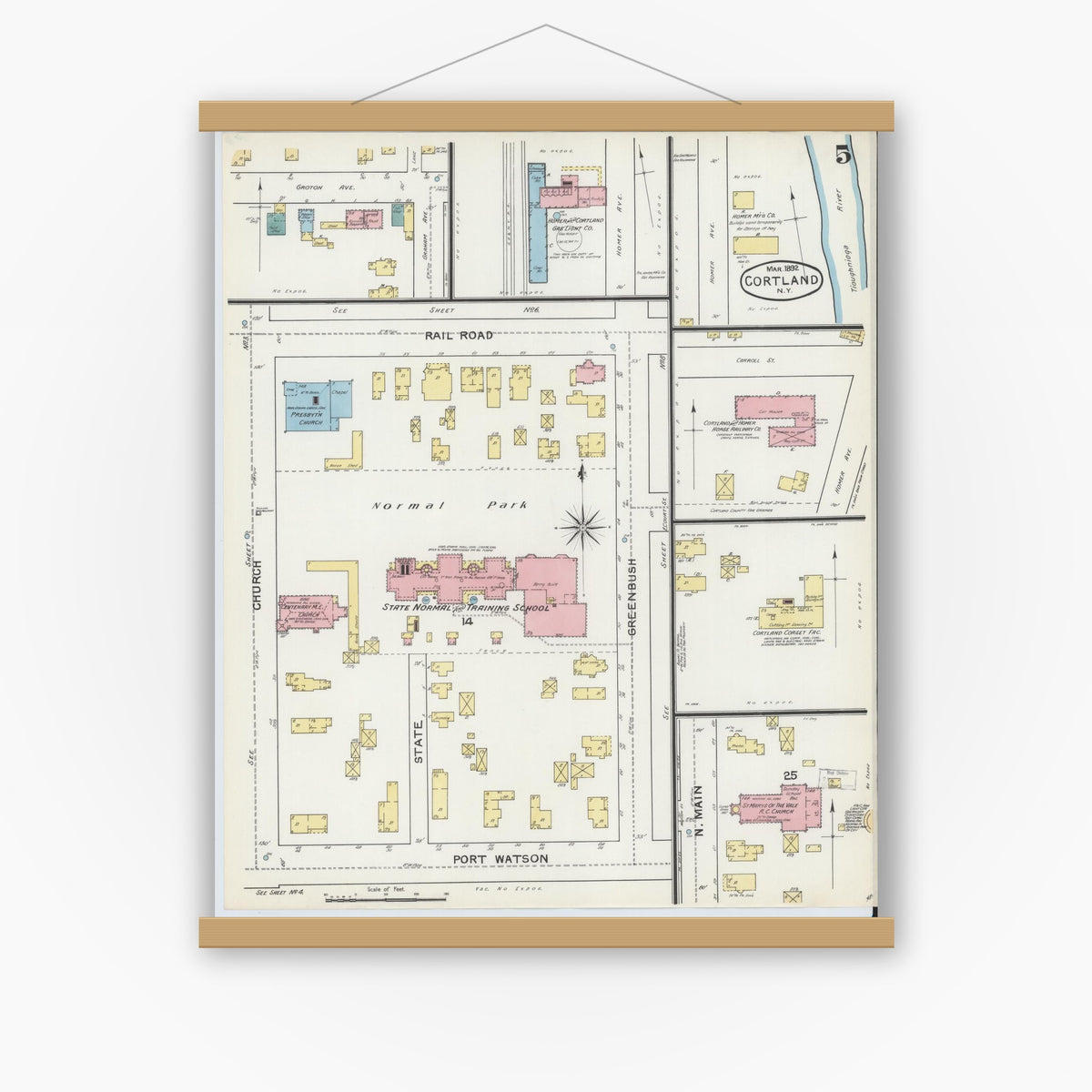 Old map wall art mockup — magnetic wood frame on white wall — Sanborn Fire Insurance Map from Cortland, Cortland County, New York (1892), Sheet #0005