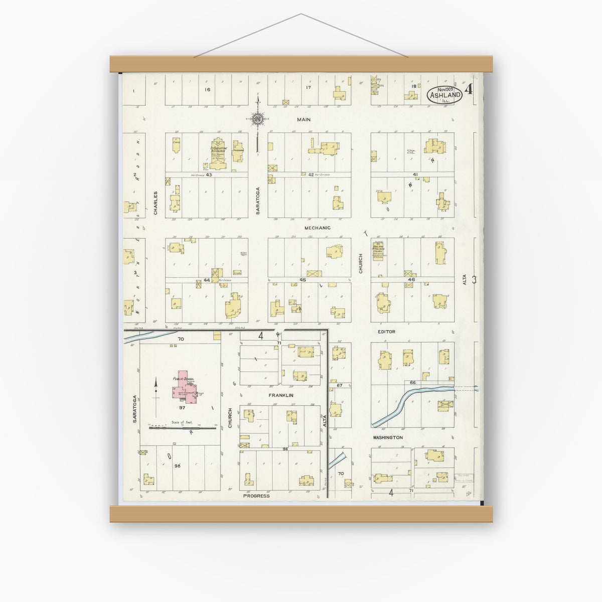 Old map wall art mockup — magnetic wood frame on white wall — Sanborn Fire Insurance Map from Ashland, Cass County, Illinois (1909), Sheet #0004