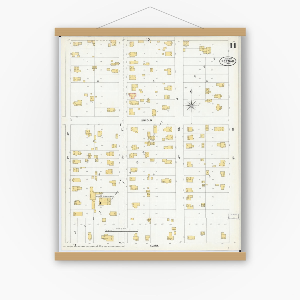 Old map wall art mockup — magnetic wood frame on white wall — Sanborn Fire Insurance Map from Neenah, Winnebago County, Wisconsin (1900), Sheet #0011