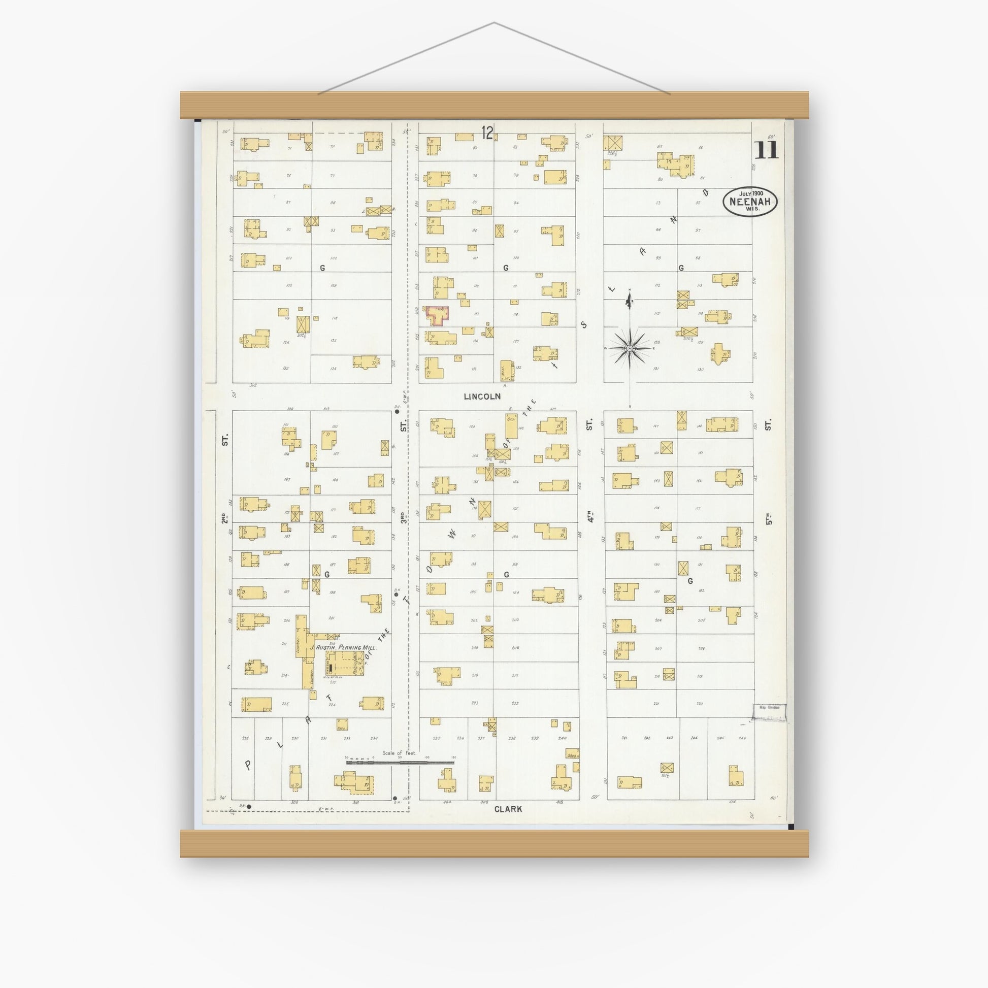 Old map wall art mockup — magnetic wood frame on white wall — Sanborn Fire Insurance Map from Neenah, Winnebago County, Wisconsin (1900), Sheet #0011