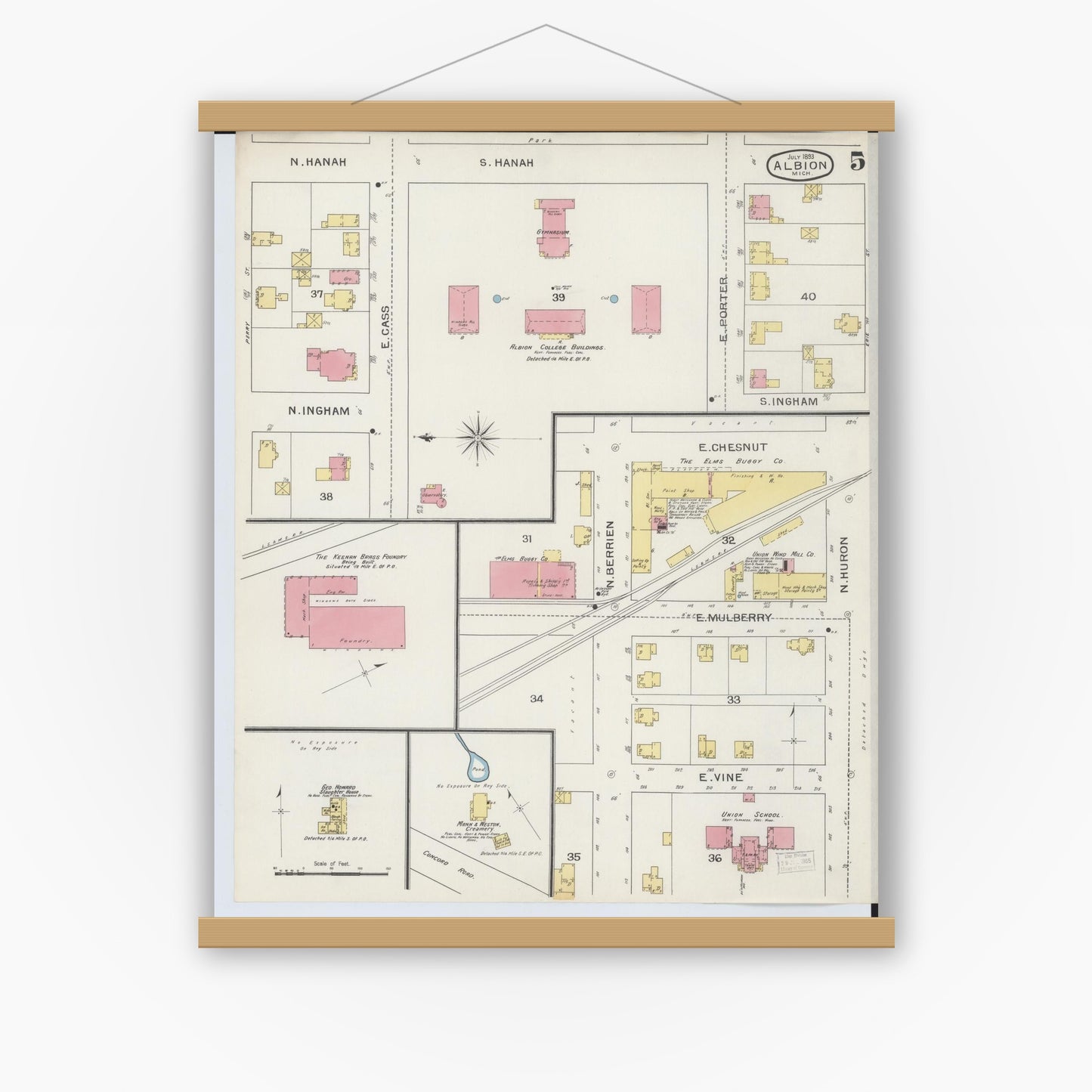 Old map wall art mockup — magnetic wood frame on white wall — Sanborn Fire Insurance Map from Albion, Calhoun County, Michigan (1893), Sheet #0005