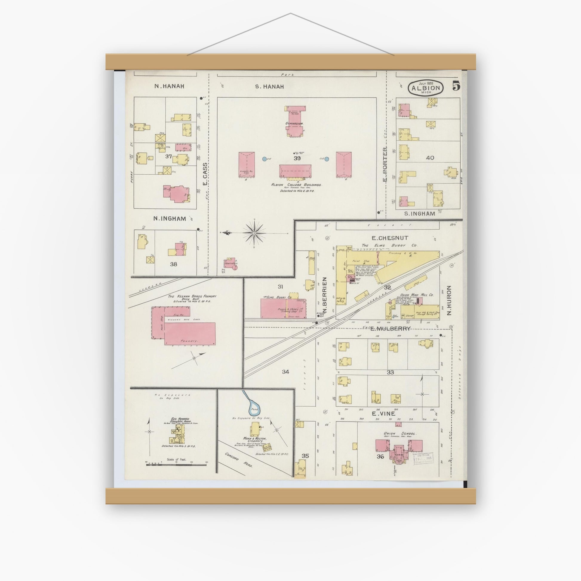 Old map wall art mockup — magnetic wood frame on white wall — Sanborn Fire Insurance Map from Albion, Calhoun County, Michigan (1893), Sheet #0005