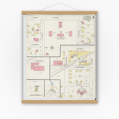 Old map wall art mockup — magnetic wood frame on white wall — Sanborn Fire Insurance Map from Albion, Calhoun County, Michigan (1893), Sheet #0005