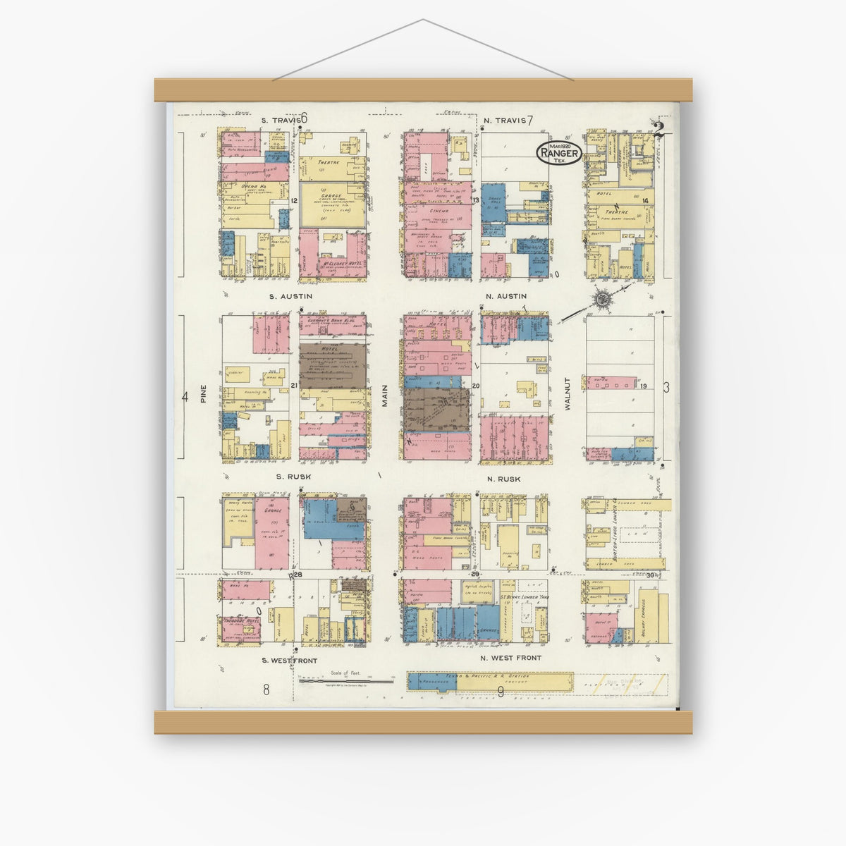 Old map wall art mockup — magnetic wood frame on white wall — Sanborn Fire Insurance Map from Ranger, Eastland County, Texas (1920) - Complete Map Set