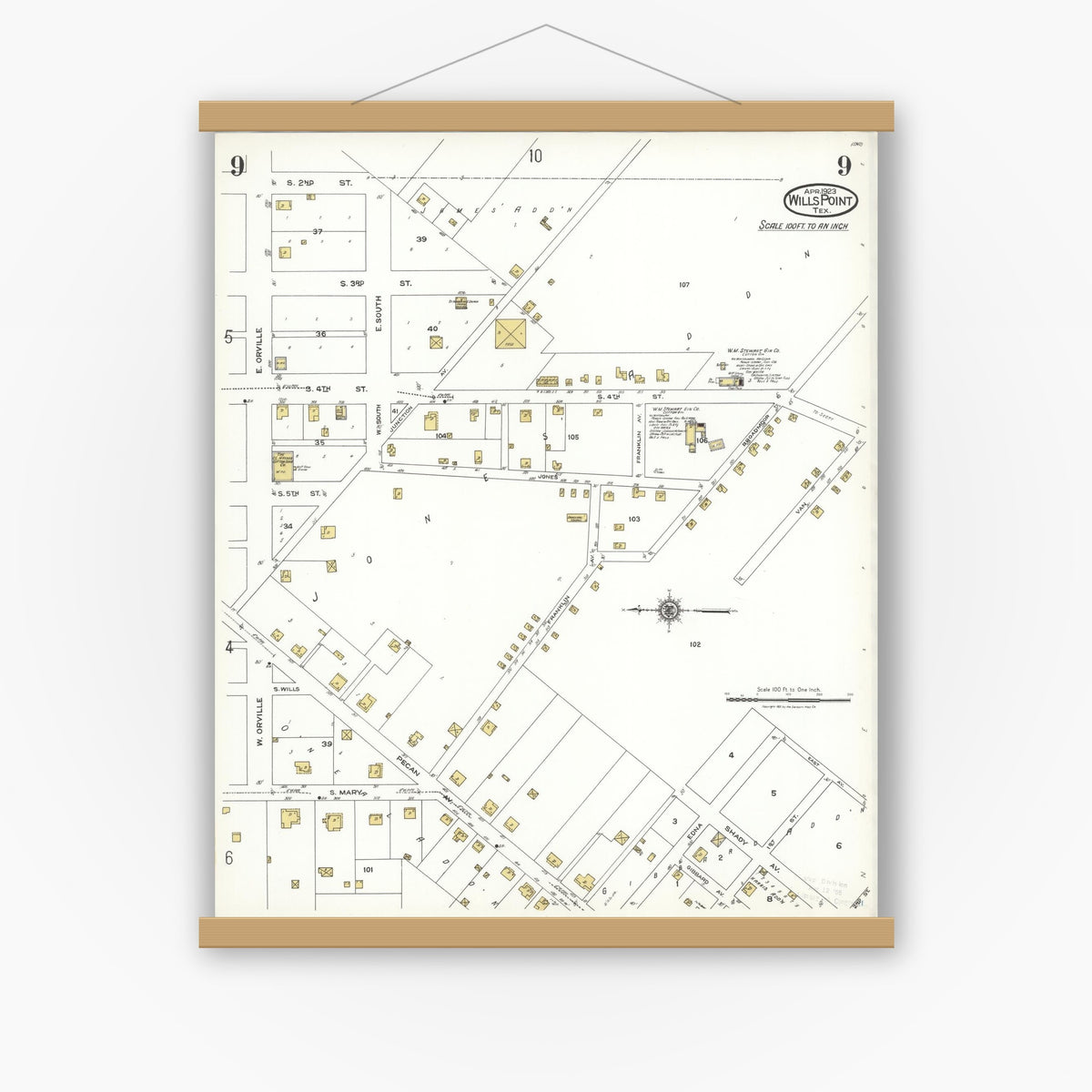 Old map wall art mockup — magnetic wood frame on white wall — Sanborn Fire Insurance Map from Wills Point, Van Zandt County, Texas (1923), Sheet #0009