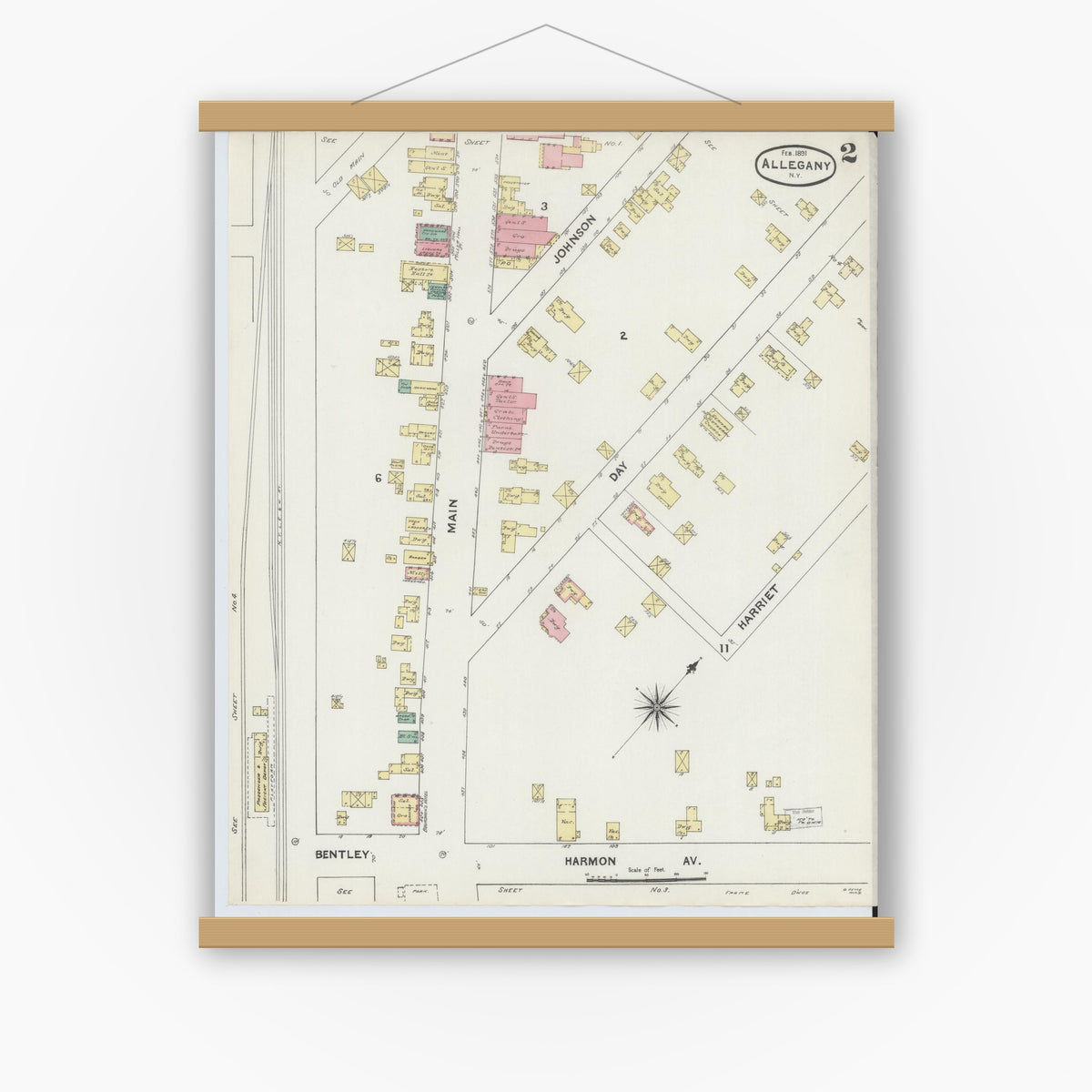 Old map wall art mockup — magnetic wood frame on white wall — Sanborn Fire Insurance Map from Allegany, Cattaraugus County, New York (1891), Sheet #0002