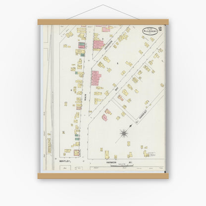 Old map wall art mockup — magnetic wood frame on white wall — Sanborn Fire Insurance Map from Allegany, Cattaraugus County, New York (1891), Sheet #0002