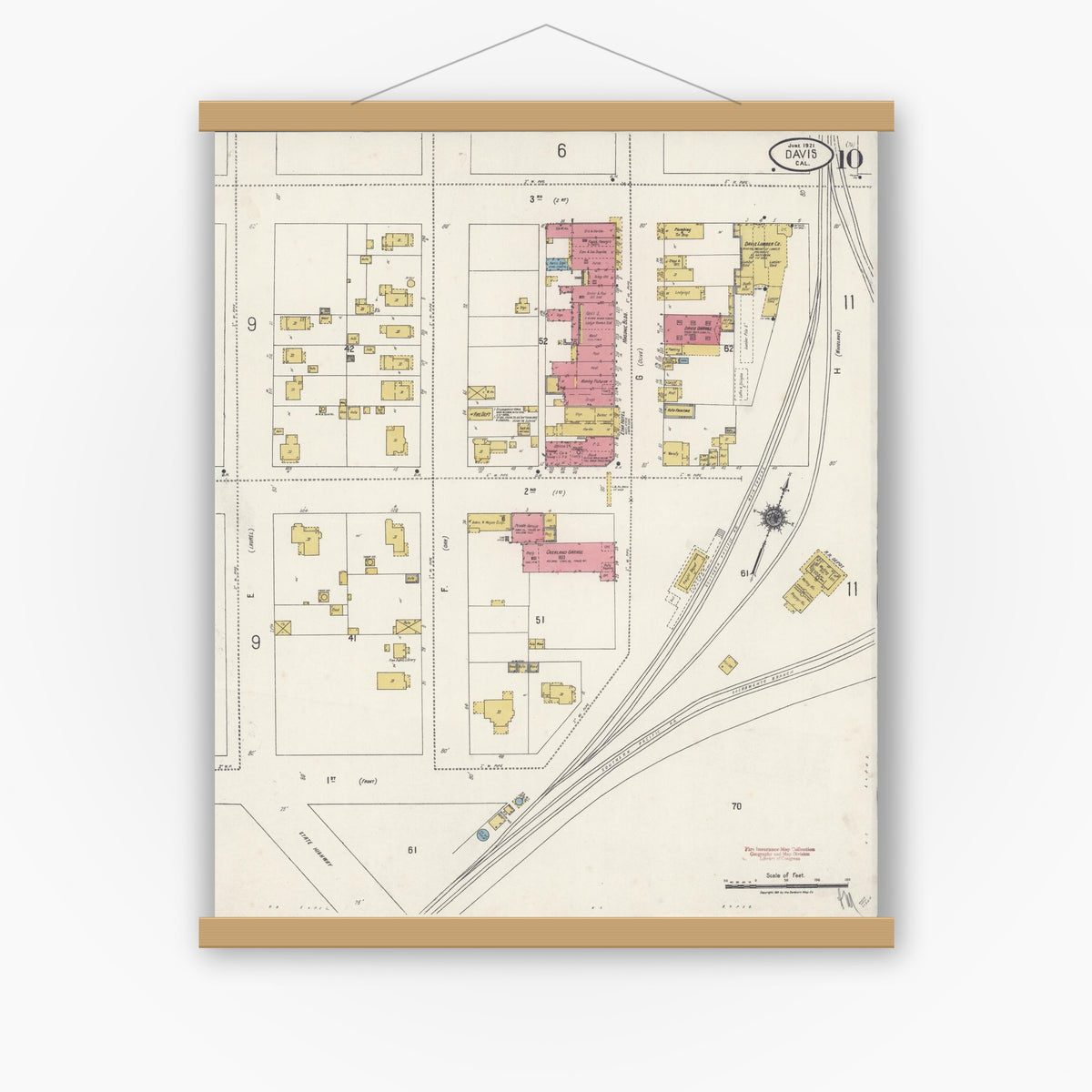 Old map wall art mockup — magnetic wood frame on white wall — Sanborn Fire Insurance Map from Davis, Yolo County, California (1921), Sheet #0010