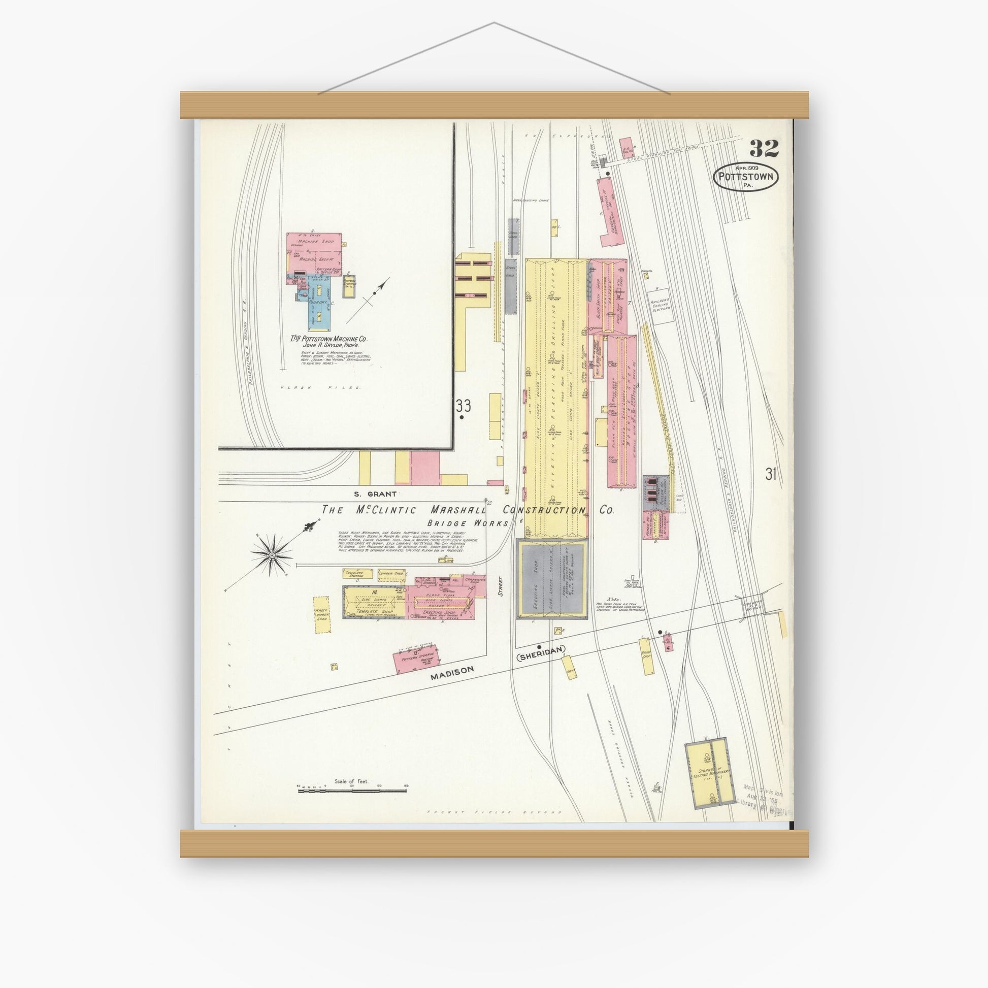 Old map wall art mockup — magnetic wood frame on white wall — Sanborn Fire Insurance Map from Pottstown, Montgomery County, Pennsylvania (1909), Sheet #0032
