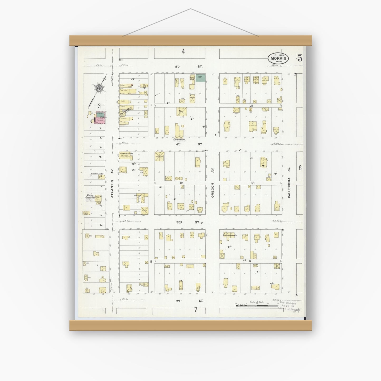 Old map wall art mockup — magnetic wood frame on white wall — Sanborn Fire Insurance Map from Morris, Stevens County, Minnesota (1909), Sheet #0005