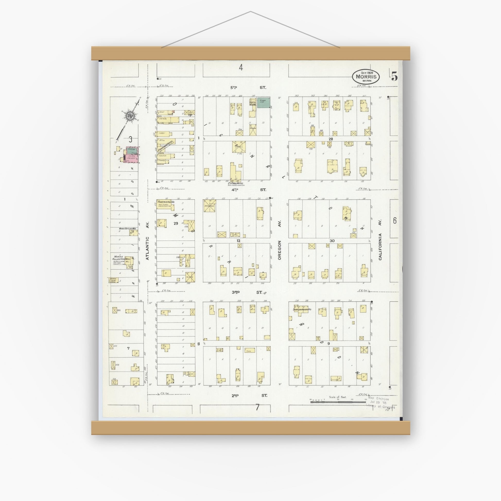 Old map wall art mockup — magnetic wood frame on white wall — Sanborn Fire Insurance Map from Morris, Stevens County, Minnesota (1909), Sheet #0005