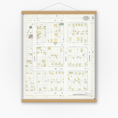 Old map wall art mockup — magnetic wood frame on white wall — Sanborn Fire Insurance Map from Morris, Stevens County, Minnesota (1909), Sheet #0005