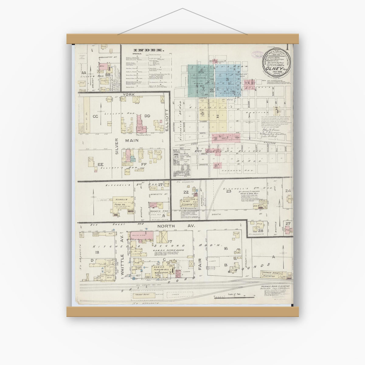 Old map wall art mockup — magnetic wood frame on white wall — Sanborn Fire Insurance Map from Olney, Richland County, Illinois (1886), Sheet #0001