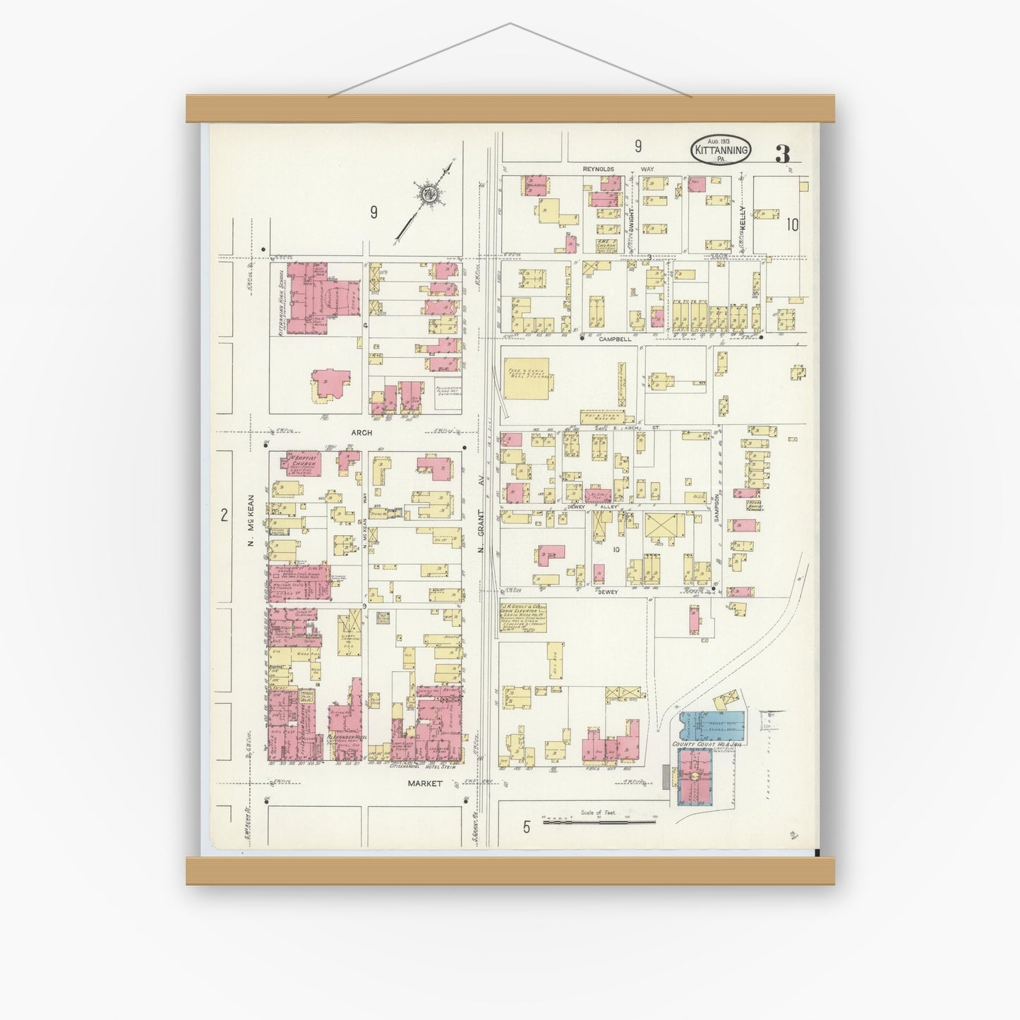 Old map wall art mockup — magnetic wood frame on white wall — Sanborn Fire Insurance Map from Kittanning, Armstrong County, Pennsylvania (1913), Sheet #0003