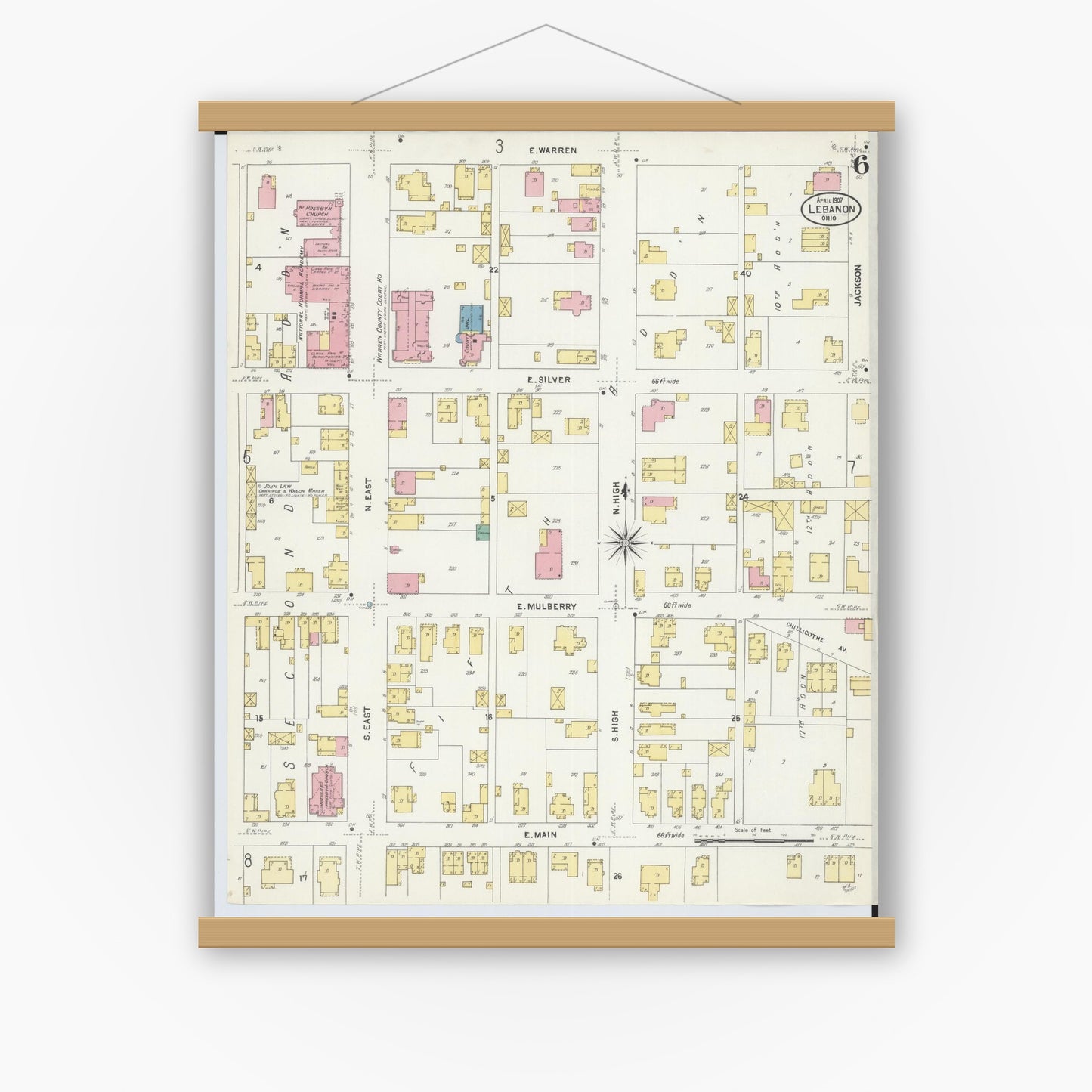 Old map wall art mockup — magnetic wood frame on white wall — Sanborn Fire Insurance Map from Lebanon, Warren County, Ohio (1907), Sheet #0006
