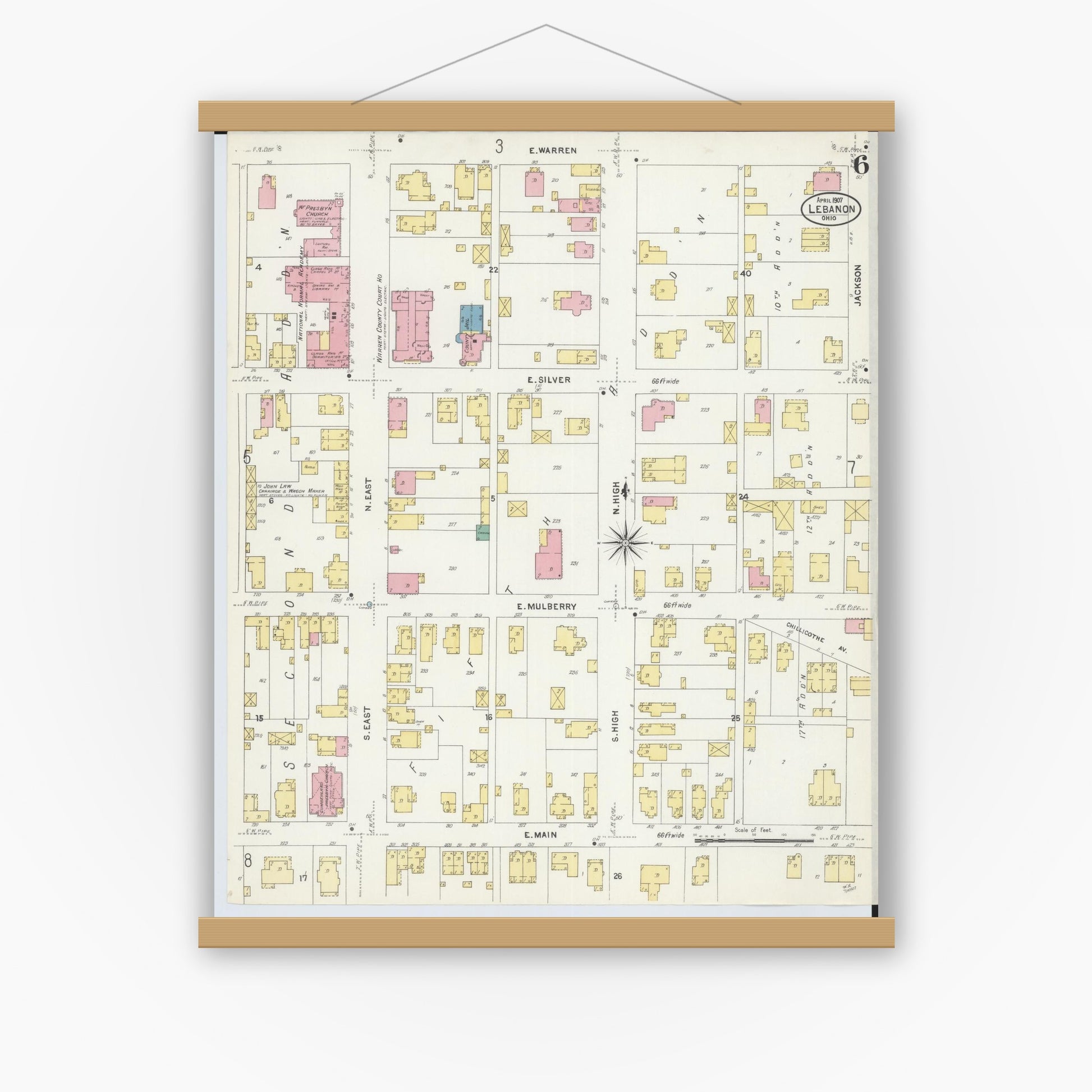 Old map wall art mockup — magnetic wood frame on white wall — Sanborn Fire Insurance Map from Lebanon, Warren County, Ohio (1907), Sheet #0006
