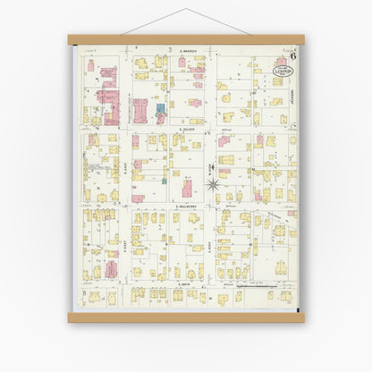 Old map wall art mockup — magnetic wood frame on white wall — Sanborn Fire Insurance Map from Lebanon, Warren County, Ohio (1907), Sheet #0006