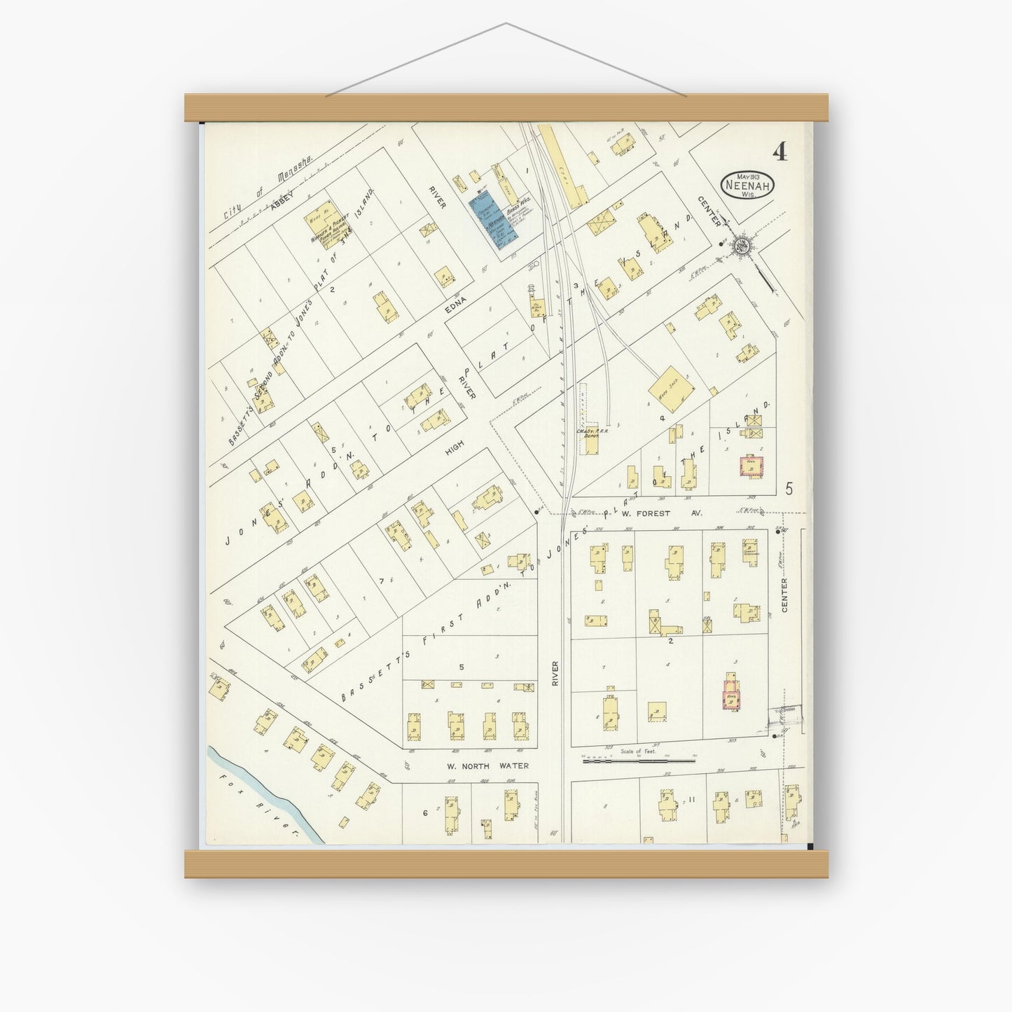 Old map wall art mockup — magnetic wood frame on white wall — Sanborn Fire Insurance Map from Neenah, Winnebago County, Wisconsin (1913), Sheet #0004