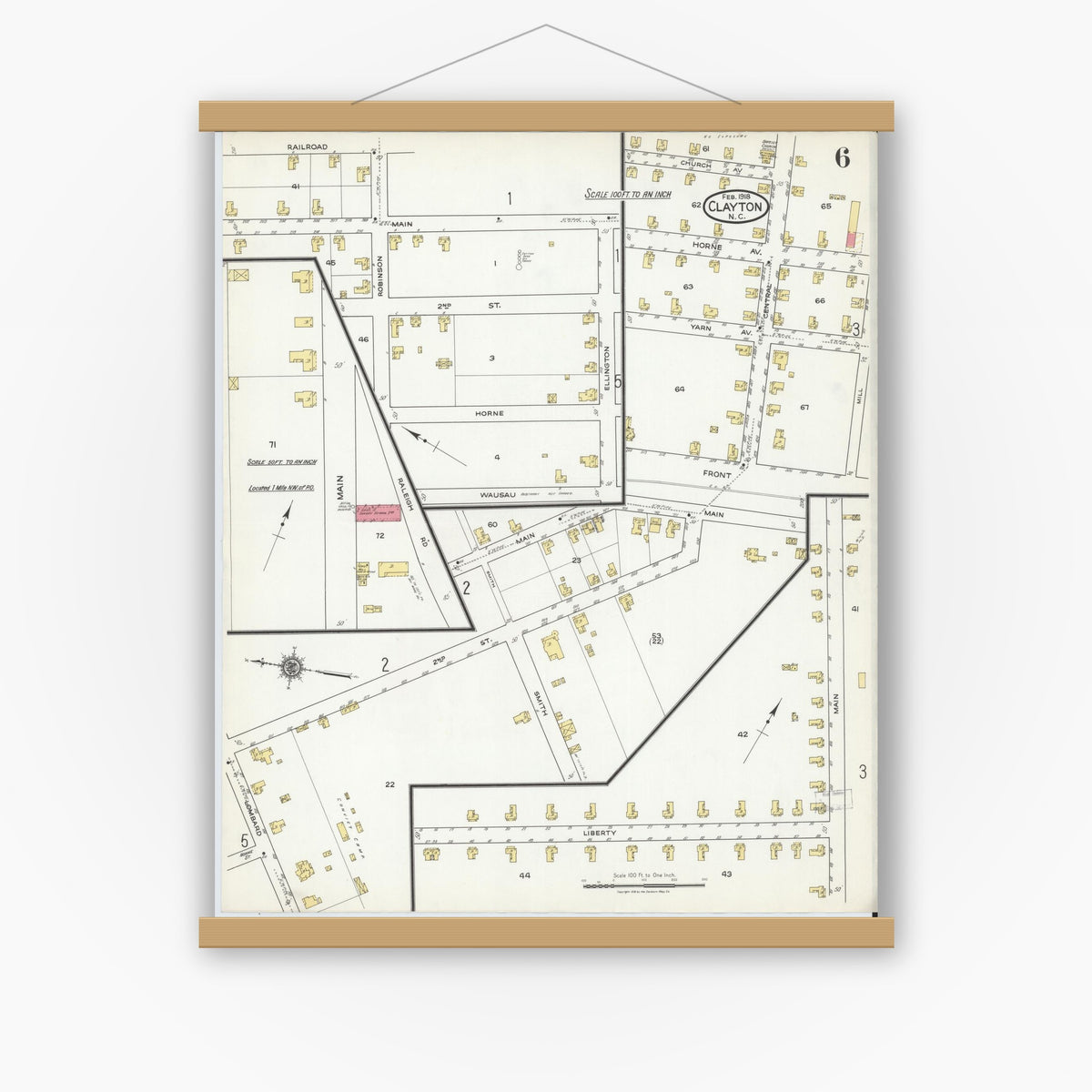 Old map wall art mockup — magnetic wood frame on white wall — Sanborn Fire Insurance Map from Clayton, Johnston County, North Carolina (1918), Sheet #0006