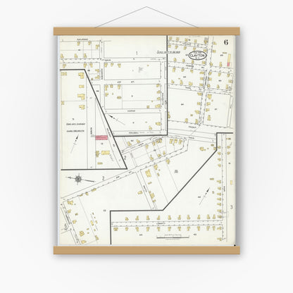 Old map wall art mockup — magnetic wood frame on white wall — Sanborn Fire Insurance Map from Clayton, Johnston County, North Carolina (1918), Sheet #0006