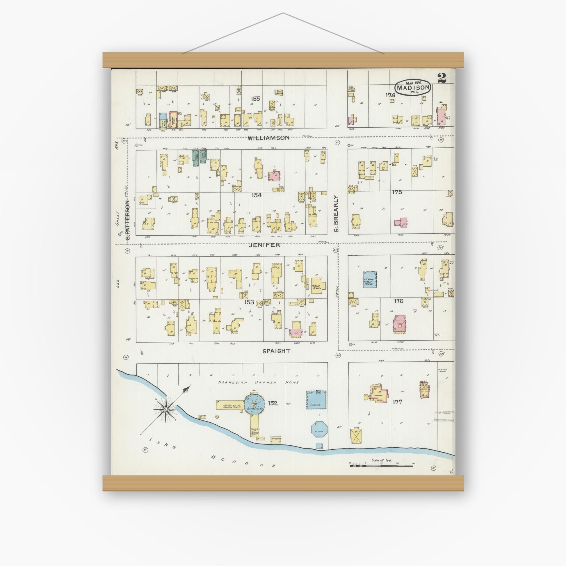 Old map wall art mockup — magnetic wood frame on white wall — Sanborn Fire Insurance Map from Madison, Dane County, Wisconsin (1892), Sheet #0002