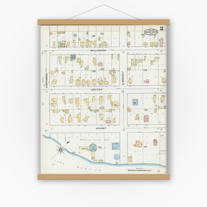 Old map wall art mockup — magnetic wood frame on white wall — Sanborn Fire Insurance Map from Madison, Dane County, Wisconsin (1892), Sheet #0002