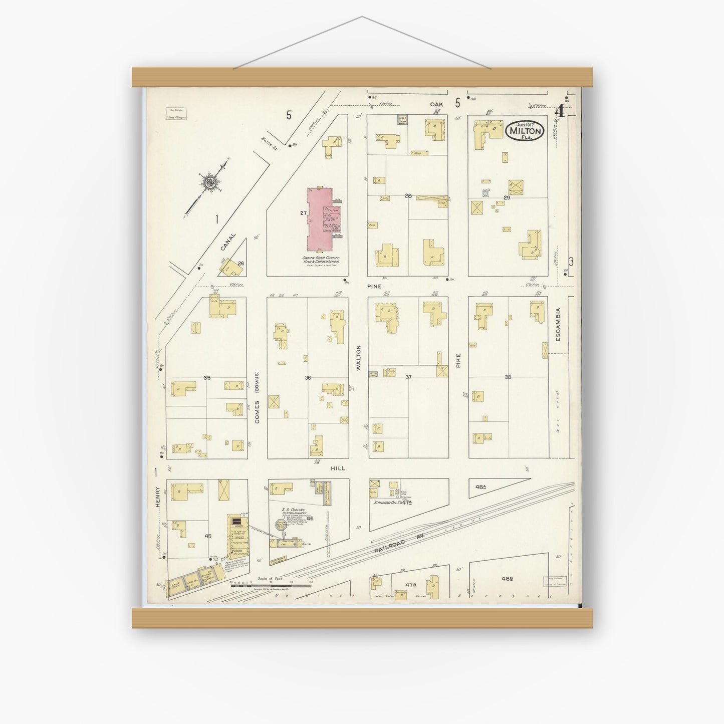 Old map wall art mockup — magnetic wood frame on white wall — Sanborn Fire Insurance Map from Milton, Santa Rosa County, Florida (1917), Sheet #0004