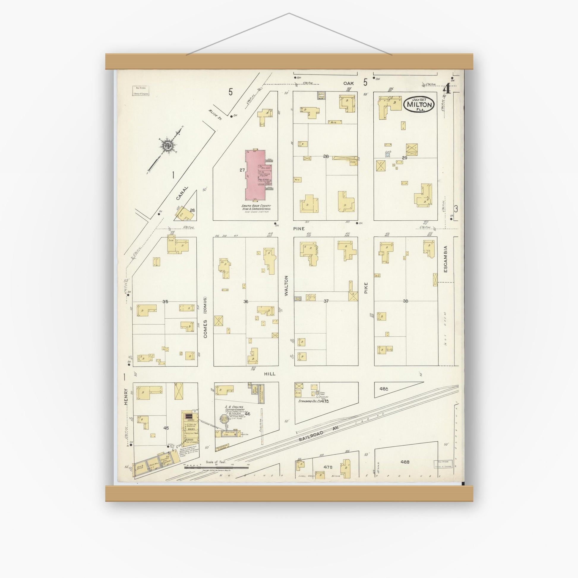 Old map wall art mockup — magnetic wood frame on white wall — Sanborn Fire Insurance Map from Milton, Santa Rosa County, Florida (1917), Sheet #0004