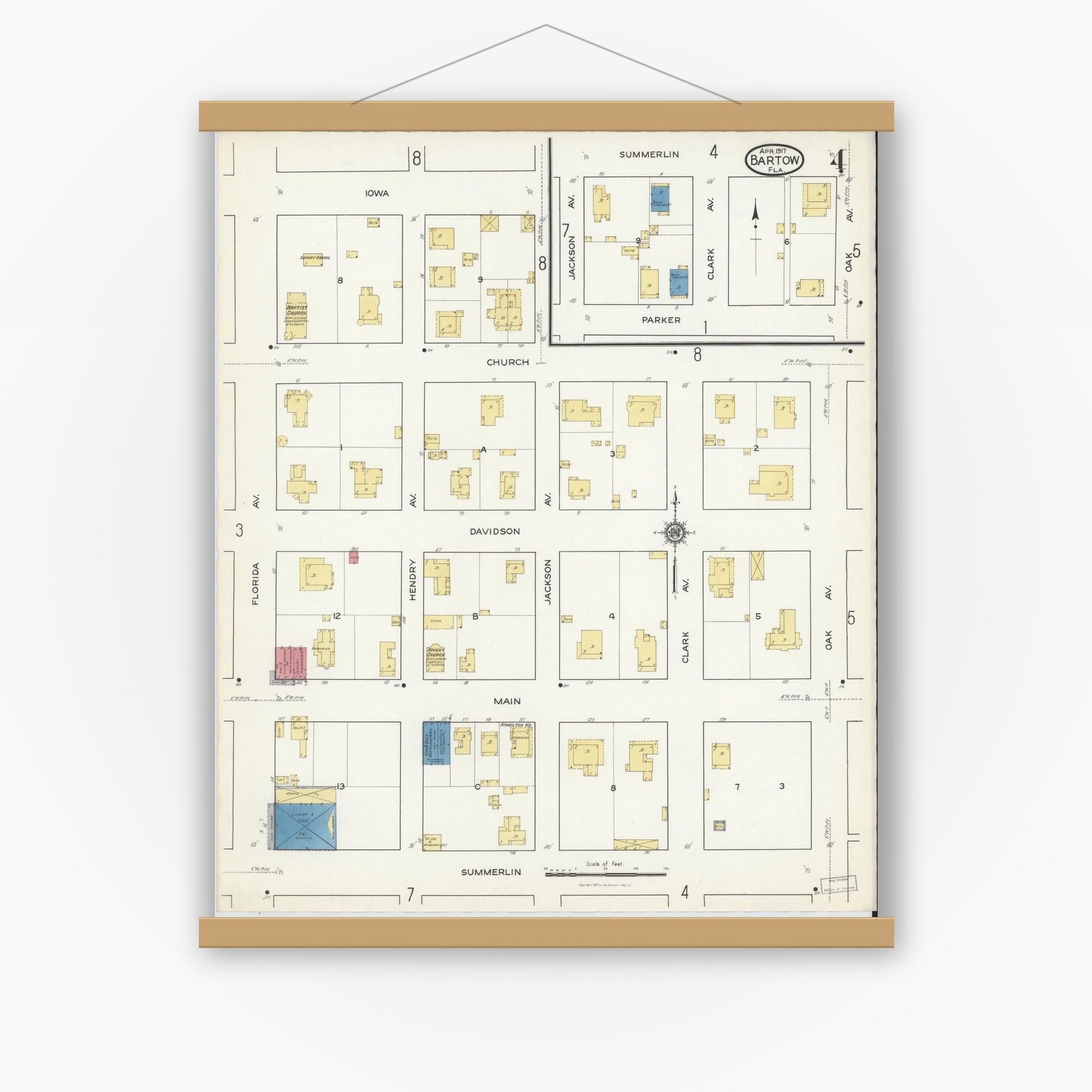 Old map wall art mockup — magnetic wood frame on white wall — Sanborn Fire Insurance Map from Bartow, Polk County, Florida (1917), Sheet #0004