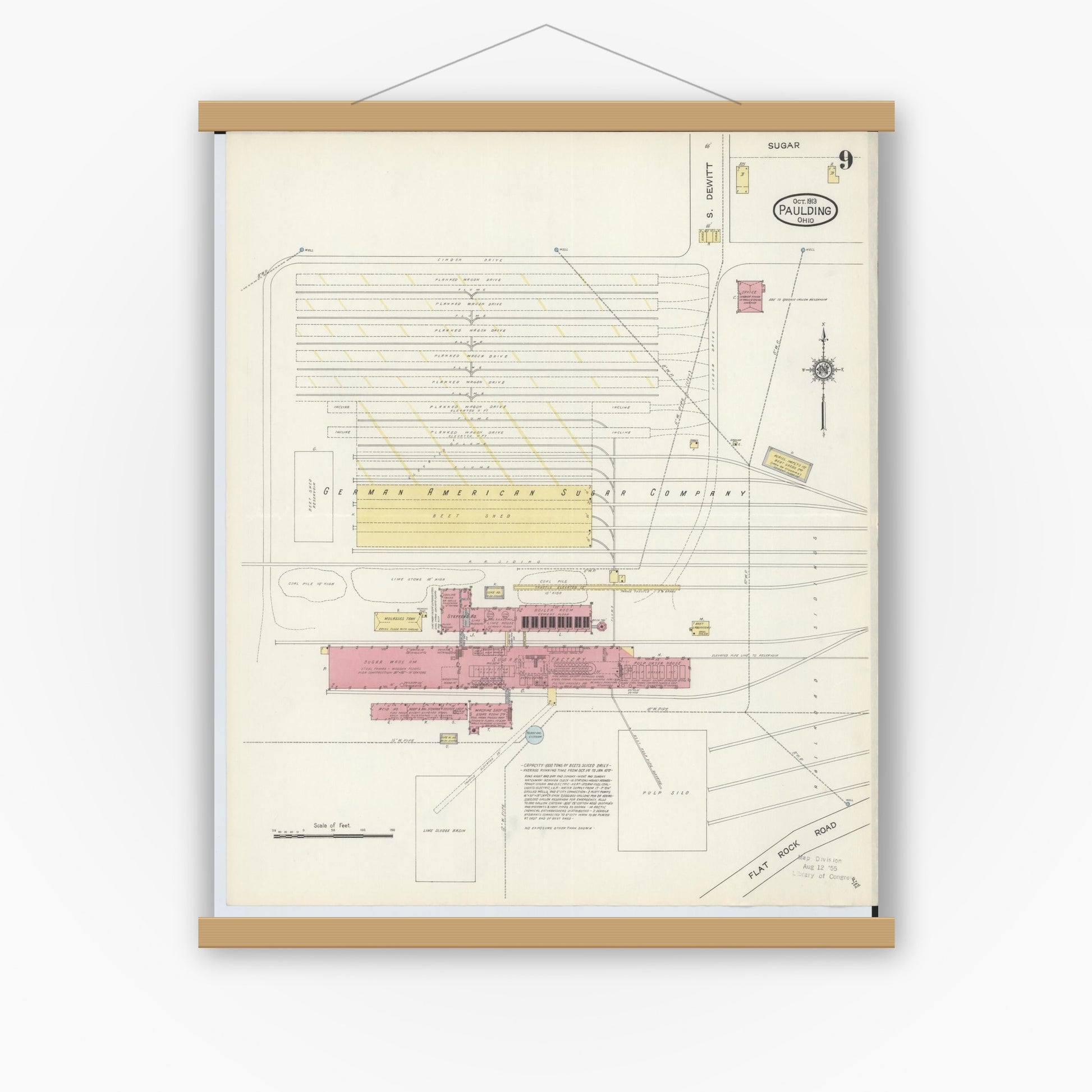 Old map wall art mockup — magnetic wood frame on white wall — Sanborn Fire Insurance Map from Paulding, Paulding County, Ohio (1913), Sheet #0009