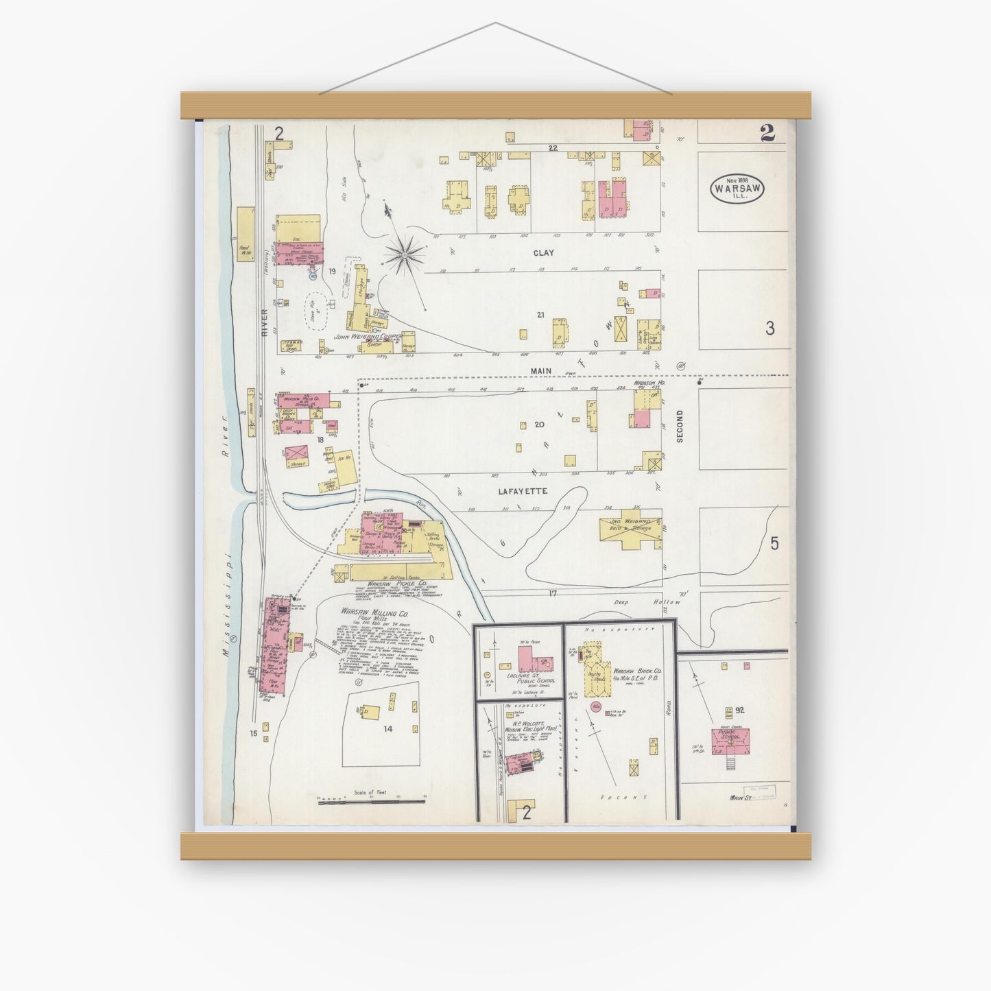 Old map wall art mockup — magnetic wood frame on white wall — Sanborn Fire Insurance Map from Warsaw, Hancock County, Illinois (1898), Sheet #0002
