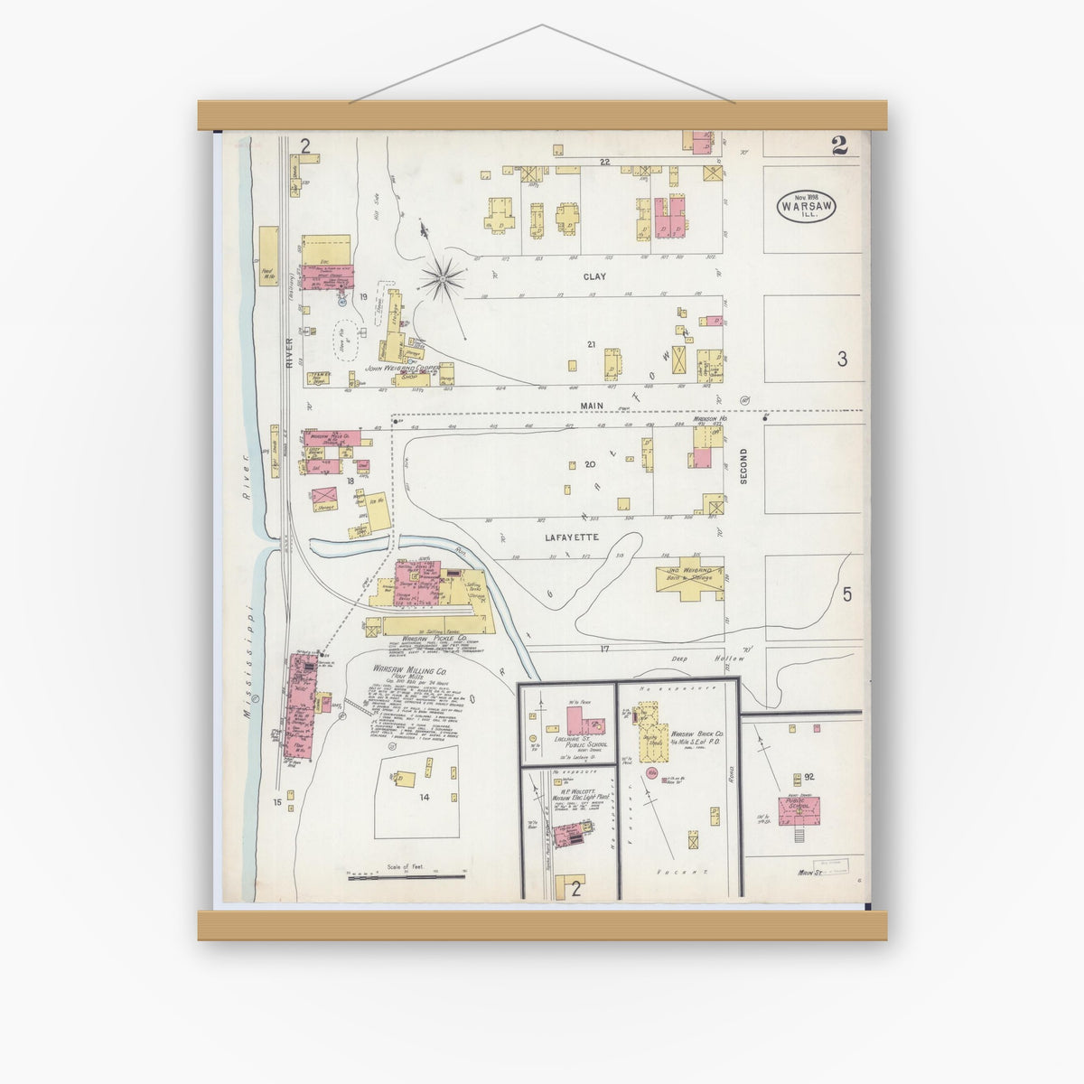 Old map wall art mockup — magnetic wood frame on white wall — Sanborn Fire Insurance Map from Warsaw, Hancock County, Illinois (1898), Sheet #0002