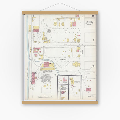 Old map wall art mockup — magnetic wood frame on white wall — Sanborn Fire Insurance Map from Warsaw, Hancock County, Illinois (1898), Sheet #0002