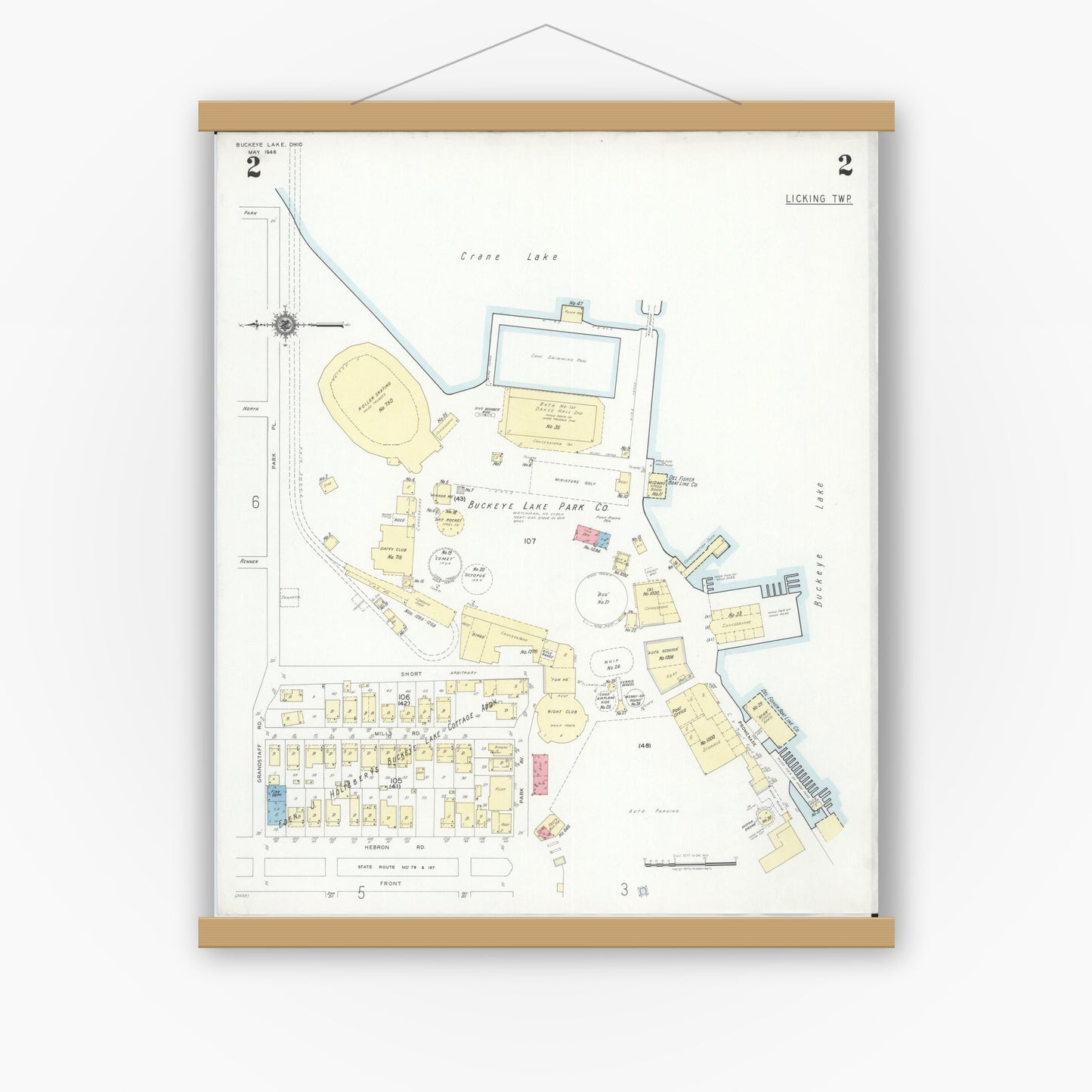 Old map wall art mockup — magnetic wood frame on white wall — Sanborn Fire Insurance Map from Buckeye Lake, Licking County, Ohio (1946), Sheet #0002