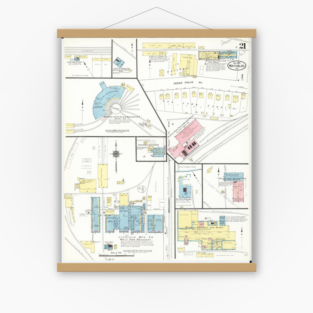 Old map wall art mockup — magnetic wood frame on white wall — Sanborn Fire Insurance Map from Waterloo, Black Hawk County, Iowa (1910), Sheet #0021