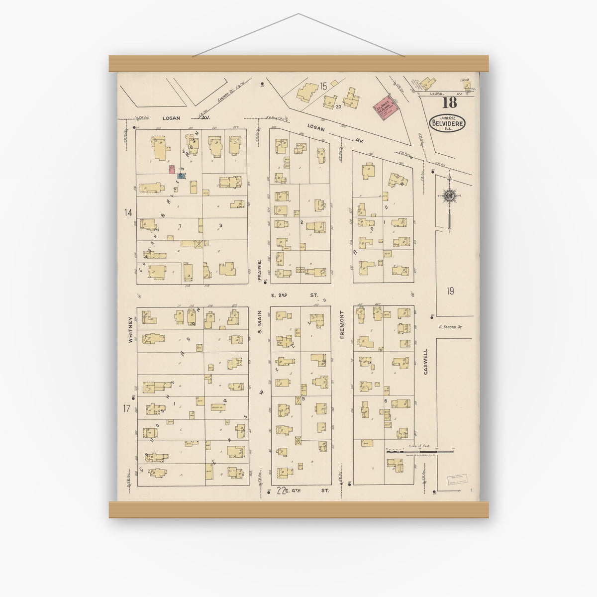 Old map wall art mockup — magnetic wood frame on white wall — Sanborn Fire Insurance Map from Belvidere, Boone County, Illinois (1922), Sheet #0018
