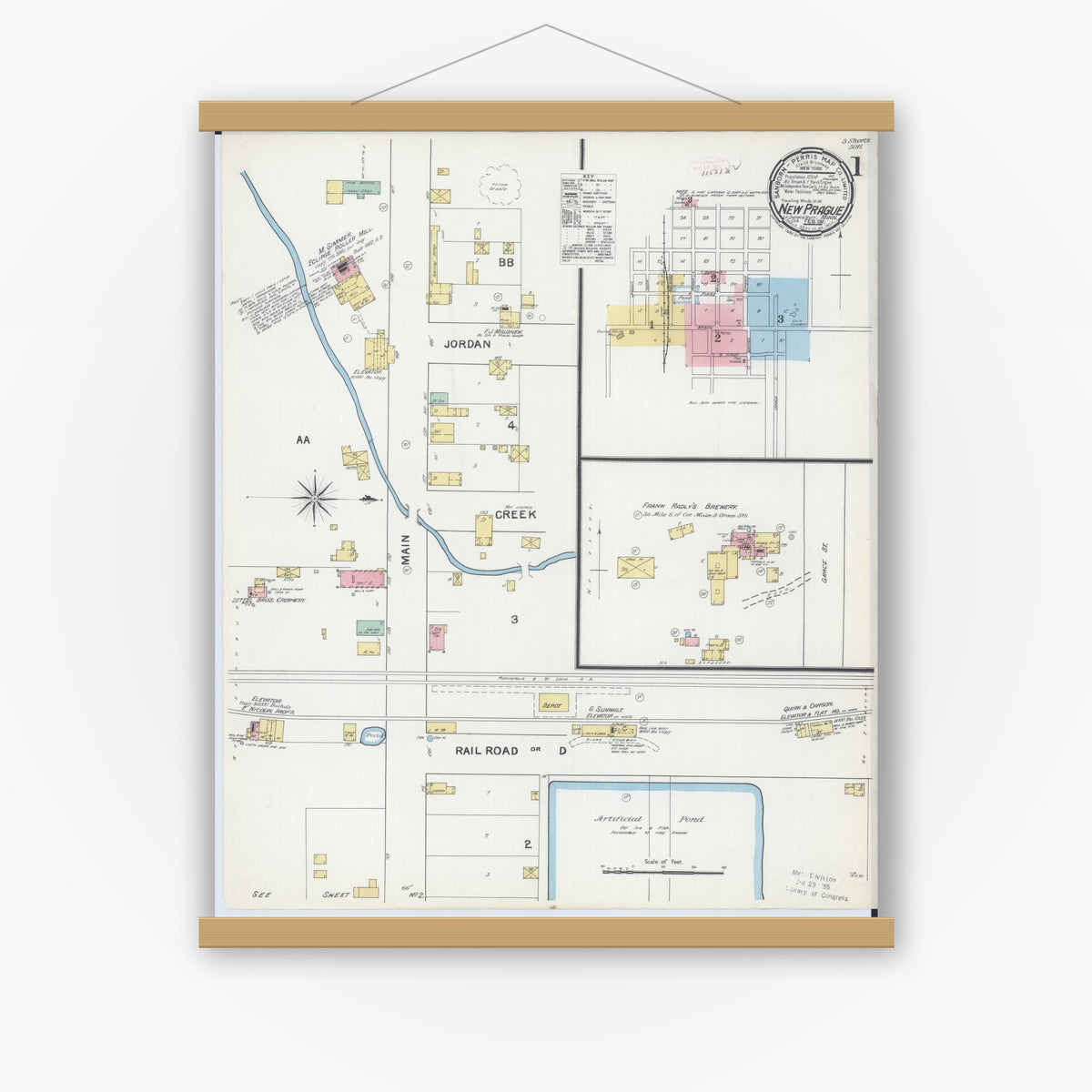 Old map wall art mockup — magnetic wood frame on white wall — Sanborn Fire Insurance Map from New Prague, Scott And Le Sueur, Minnesota (1892) - Complete Map Set