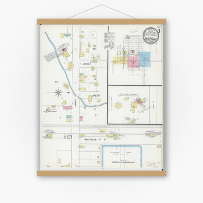 Old map wall art mockup — magnetic wood frame on white wall — Sanborn Fire Insurance Map from New Prague, Scott And Le Sueur, Minnesota (1892) - Complete Map Set