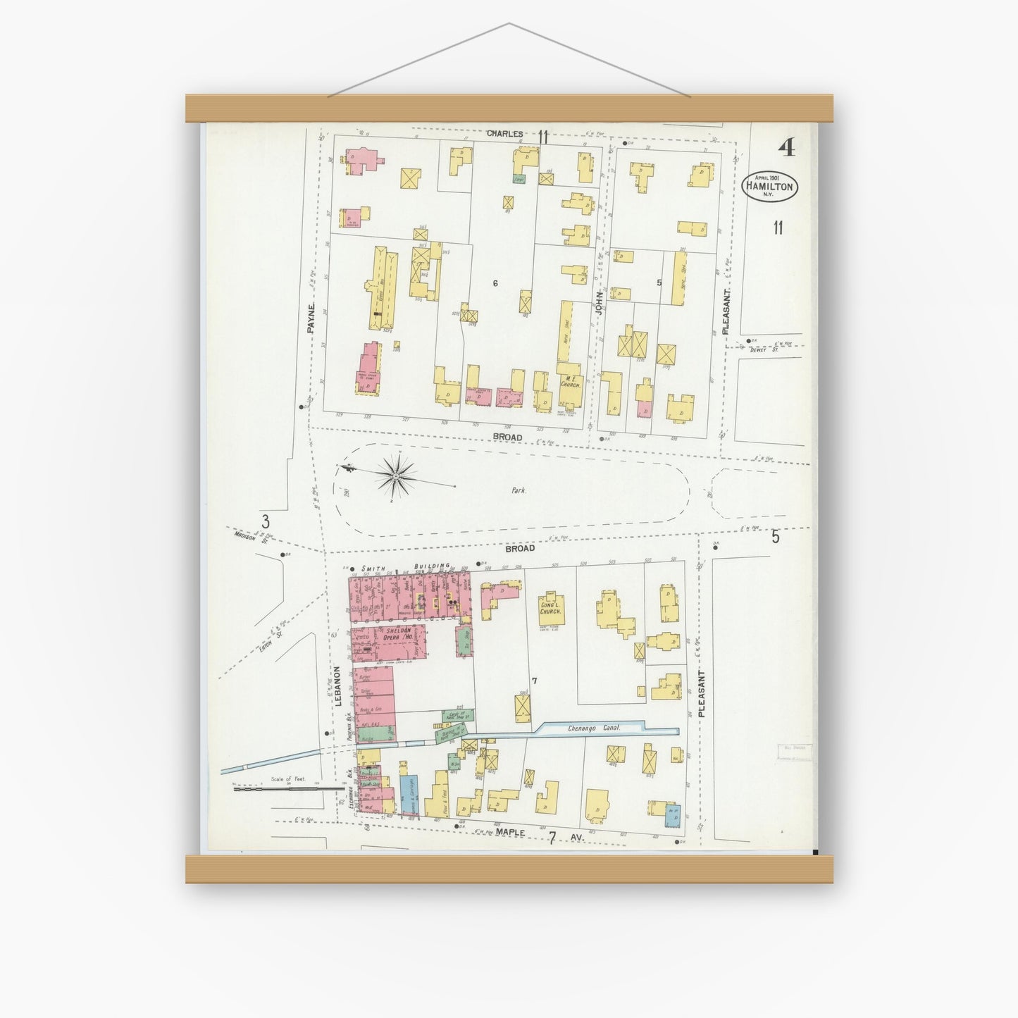 Old map wall art mockup — magnetic wood frame on white wall — Sanborn Fire Insurance Map from Hamilton, Madison County, New York (1901), Sheet #0004