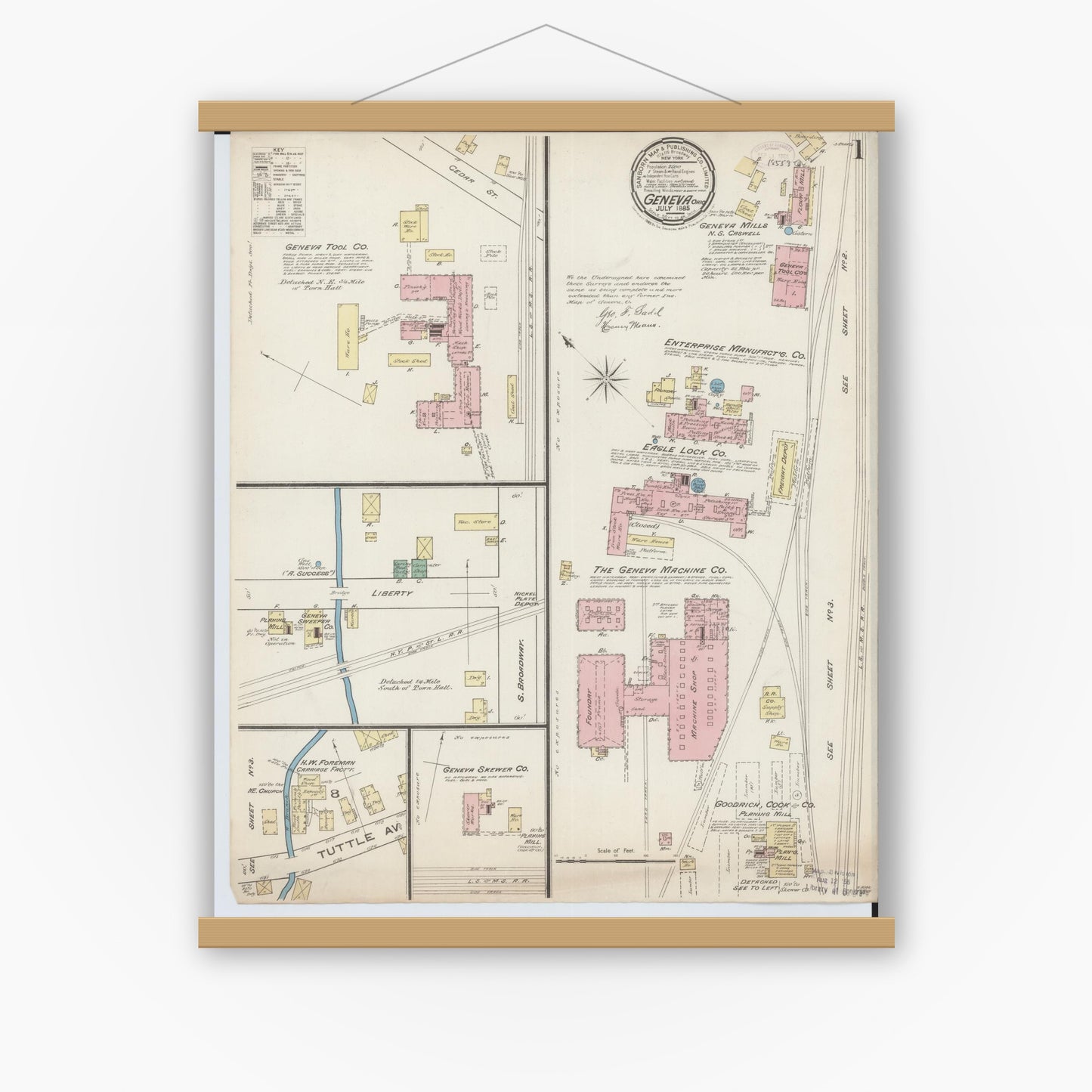 Old map wall art mockup — magnetic wood frame on white wall — Sanborn Fire Insurance Map from Geneva, Ashtabula County, Ohio (1885) - Complete Map Set