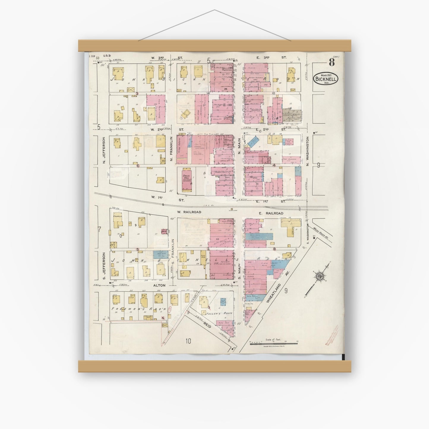 Old map wall art mockup — magnetic wood frame on white wall — Sanborn Fire Insurance Map from Bicknell, Knox County, Indiana (1946), Sheet #0008