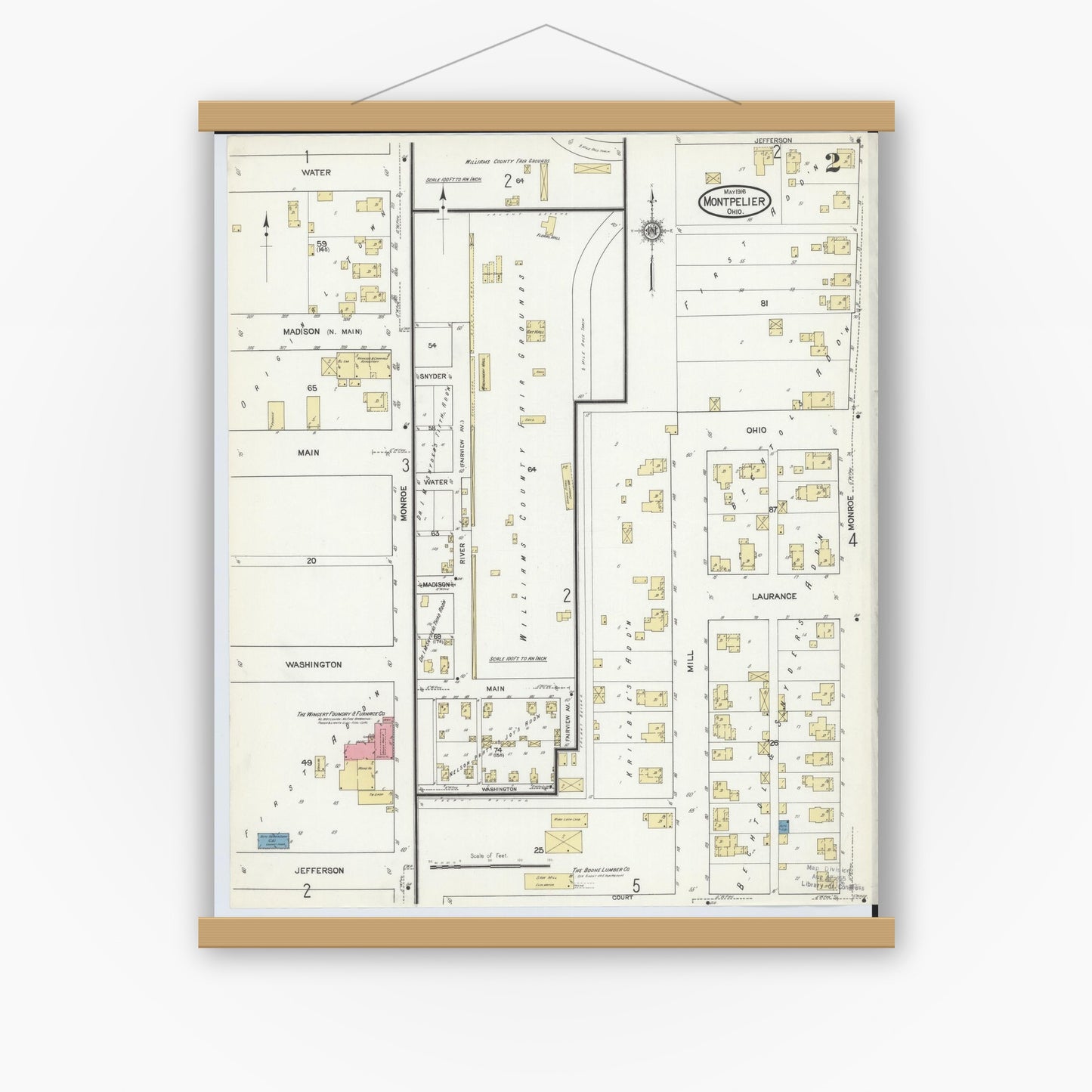 Old map wall art mockup — magnetic wood frame on white wall — Sanborn Fire Insurance Map from Montpelier, Williams County, Ohio (1916), Sheet #0002