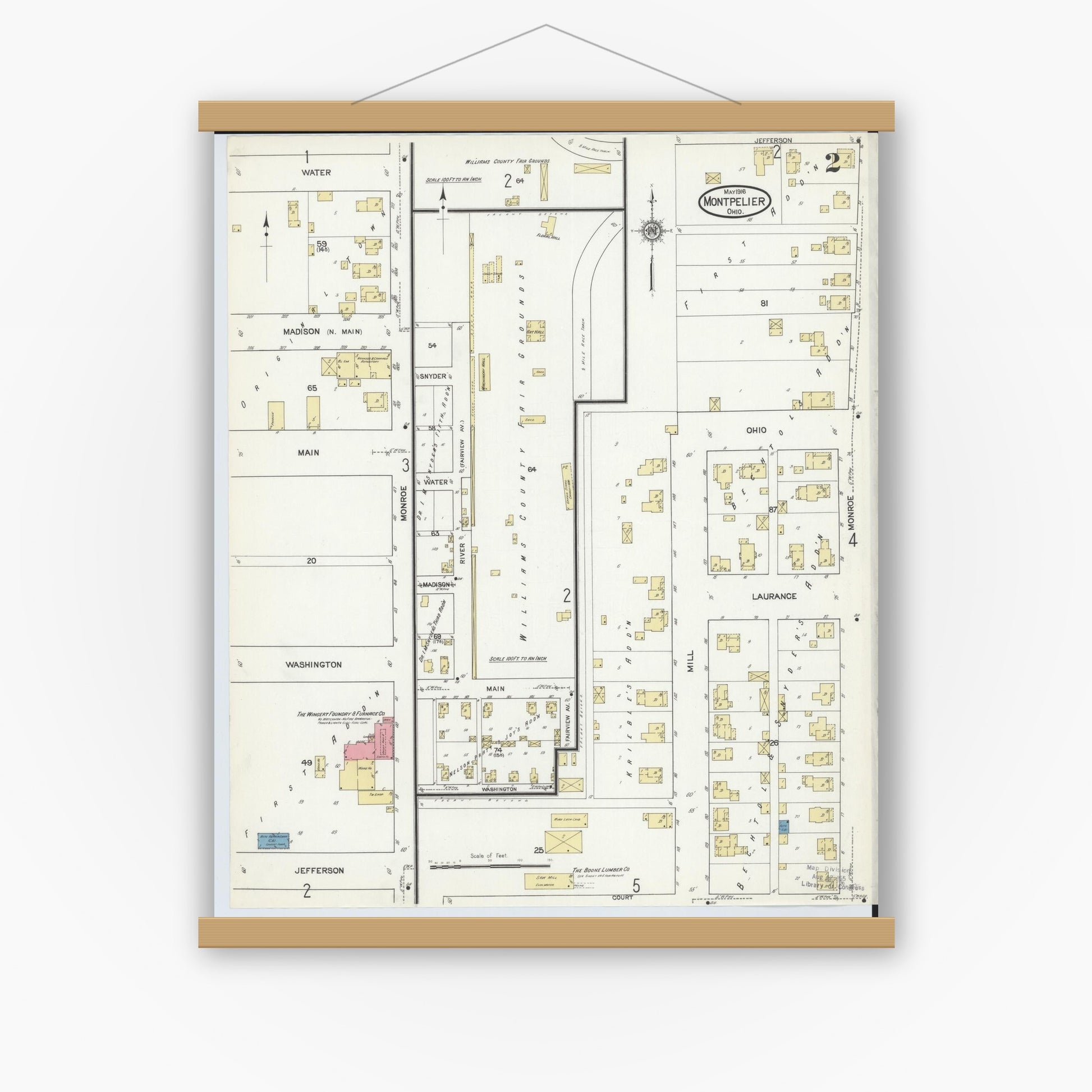 Old map wall art mockup — magnetic wood frame on white wall — Sanborn Fire Insurance Map from Montpelier, Williams County, Ohio (1916), Sheet #0002