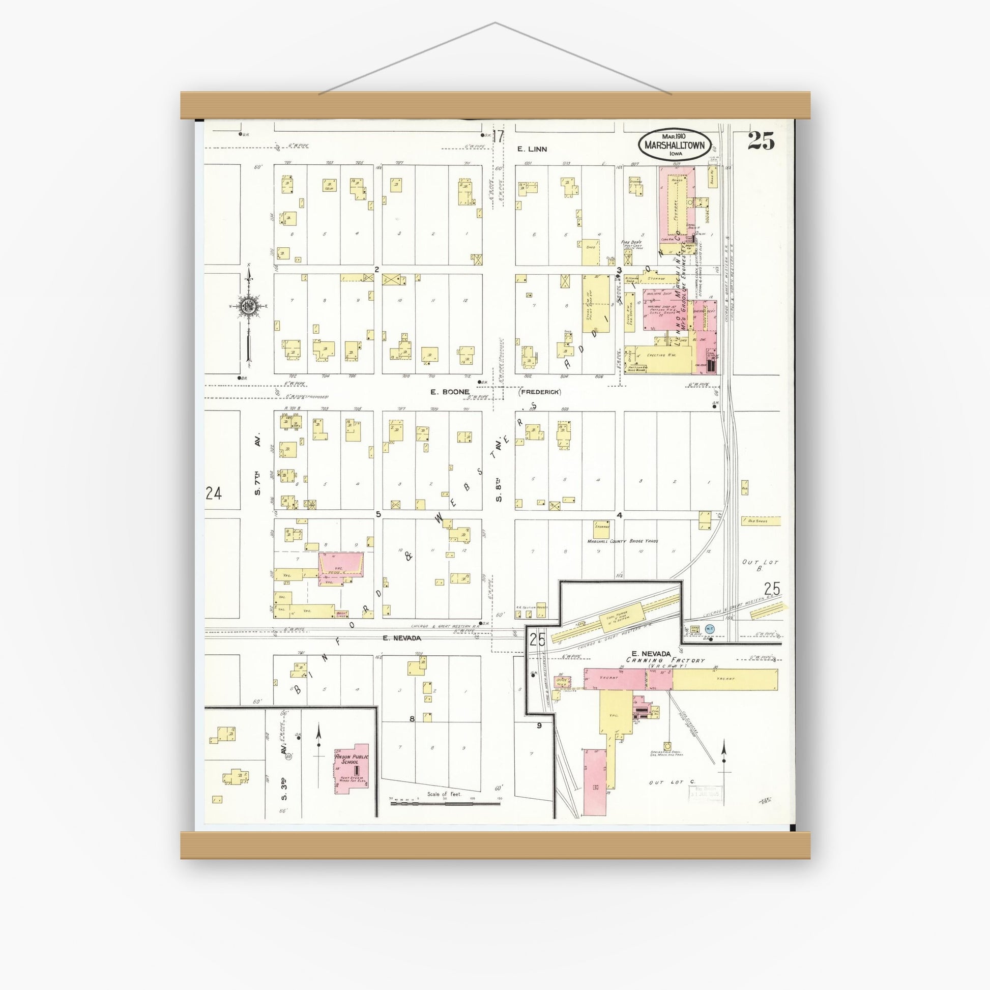 Old map wall art mockup — magnetic wood frame on white wall — Sanborn Fire Insurance Map from Marshalltown, Marshall County, Iowa (1910), Sheet #0025