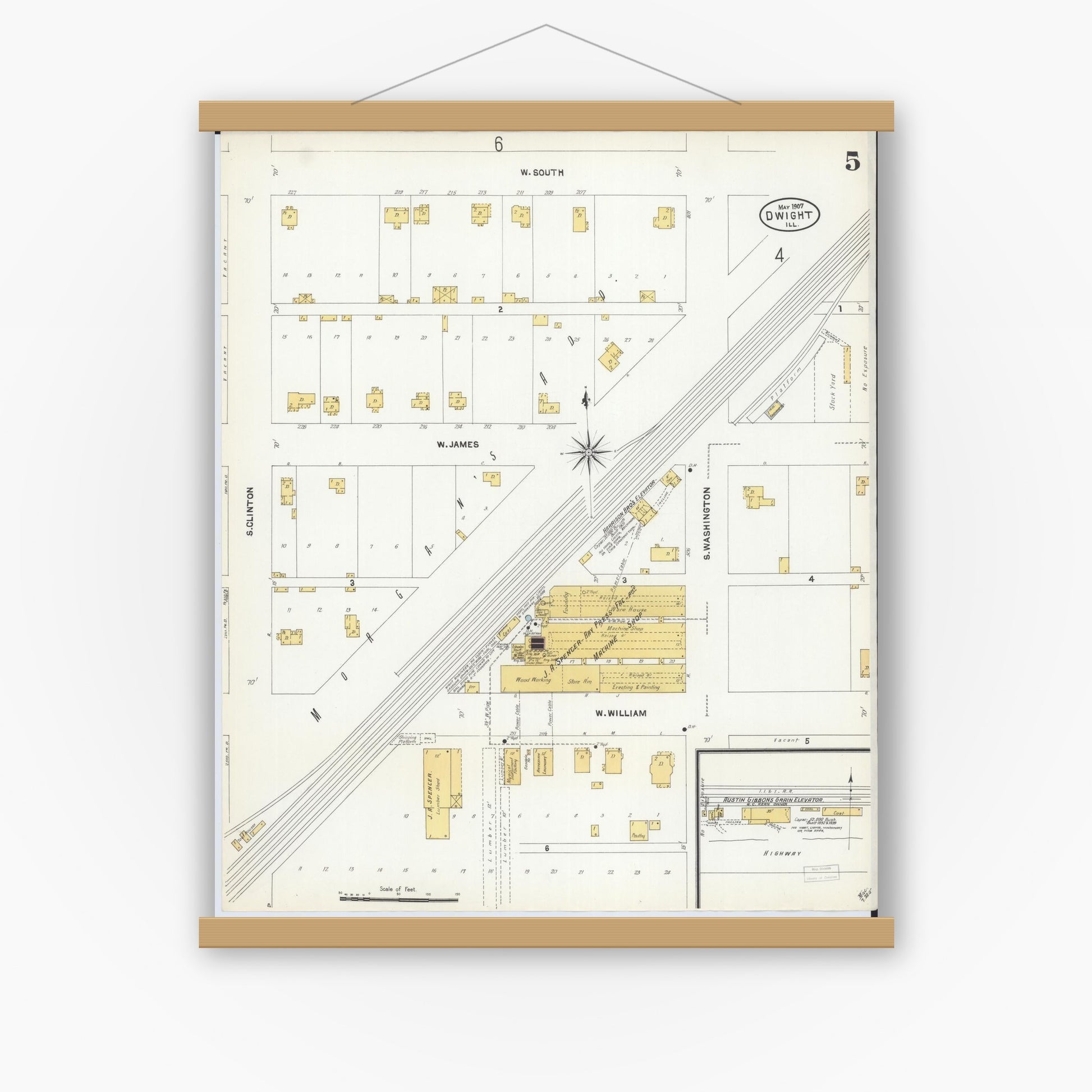 Old map wall art mockup — magnetic wood frame on white wall — Sanborn Fire Insurance Map from Dwight, Livingston County, Illinois (1907), Sheet #0005