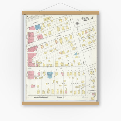 Old map wall art mockup — magnetic wood frame on white wall — Sanborn Fire Insurance Map from Chelsea, Washtenaw County, Michigan (1918), Sheet #0003